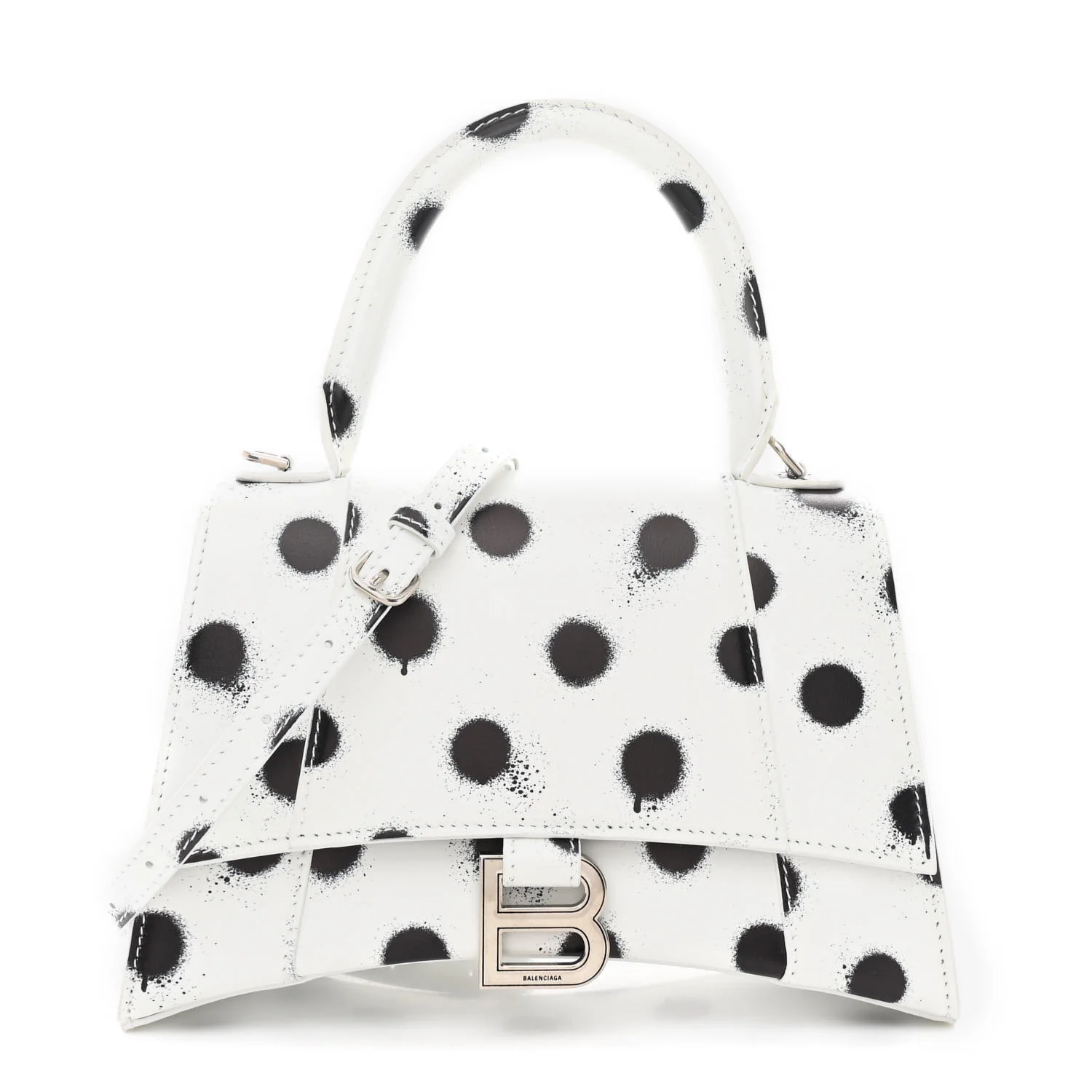 Smooth Calfskin Spray Polka Dot Small Hourglass Top Handle Bag White Black