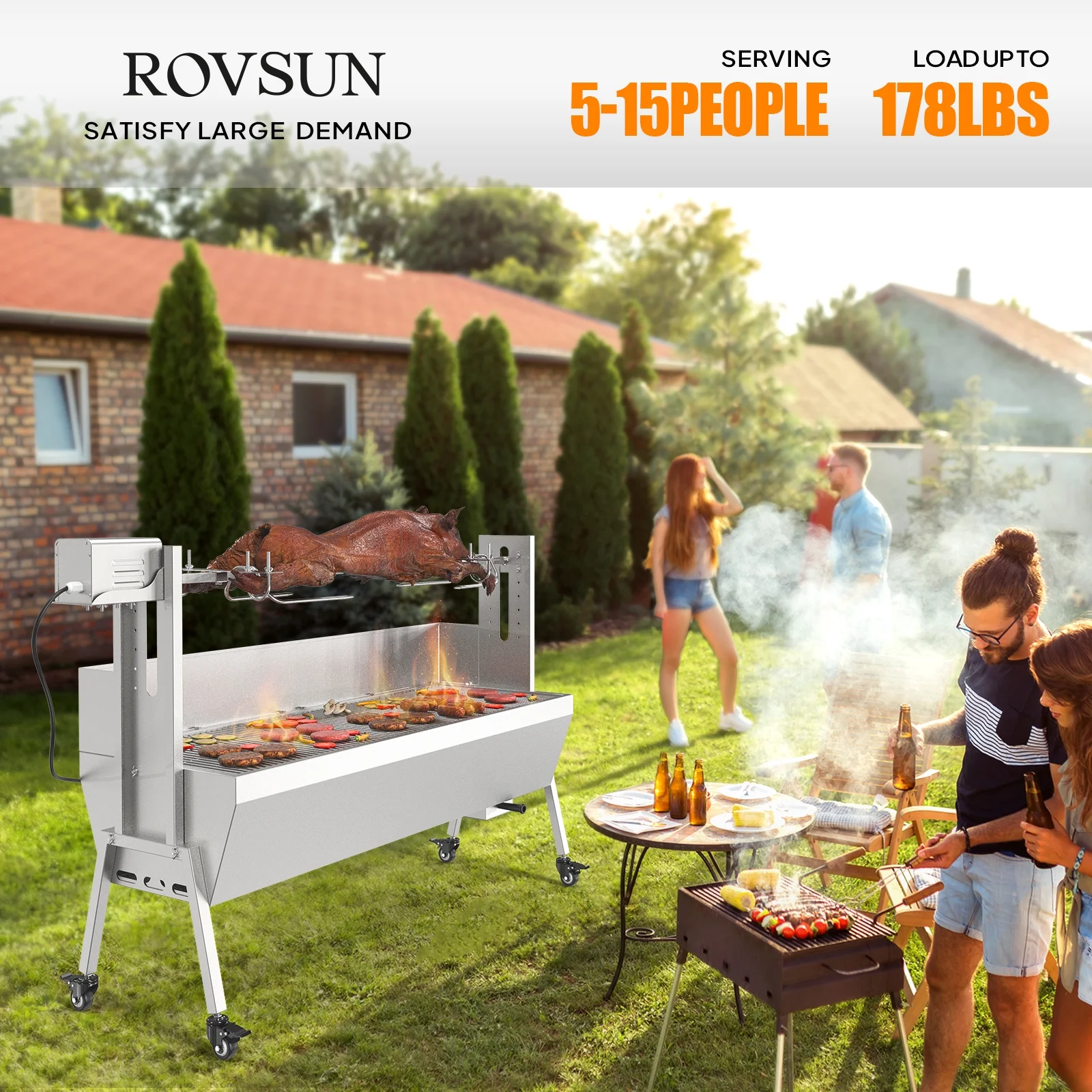 46 Electric Rotisserie Grill 176 lbs Capacity 25w Pig Lamb Spit Roaster Rotisserie w/Lockable Wheels Wind Baffle with Adjustable Height(46" Length) - Image 2