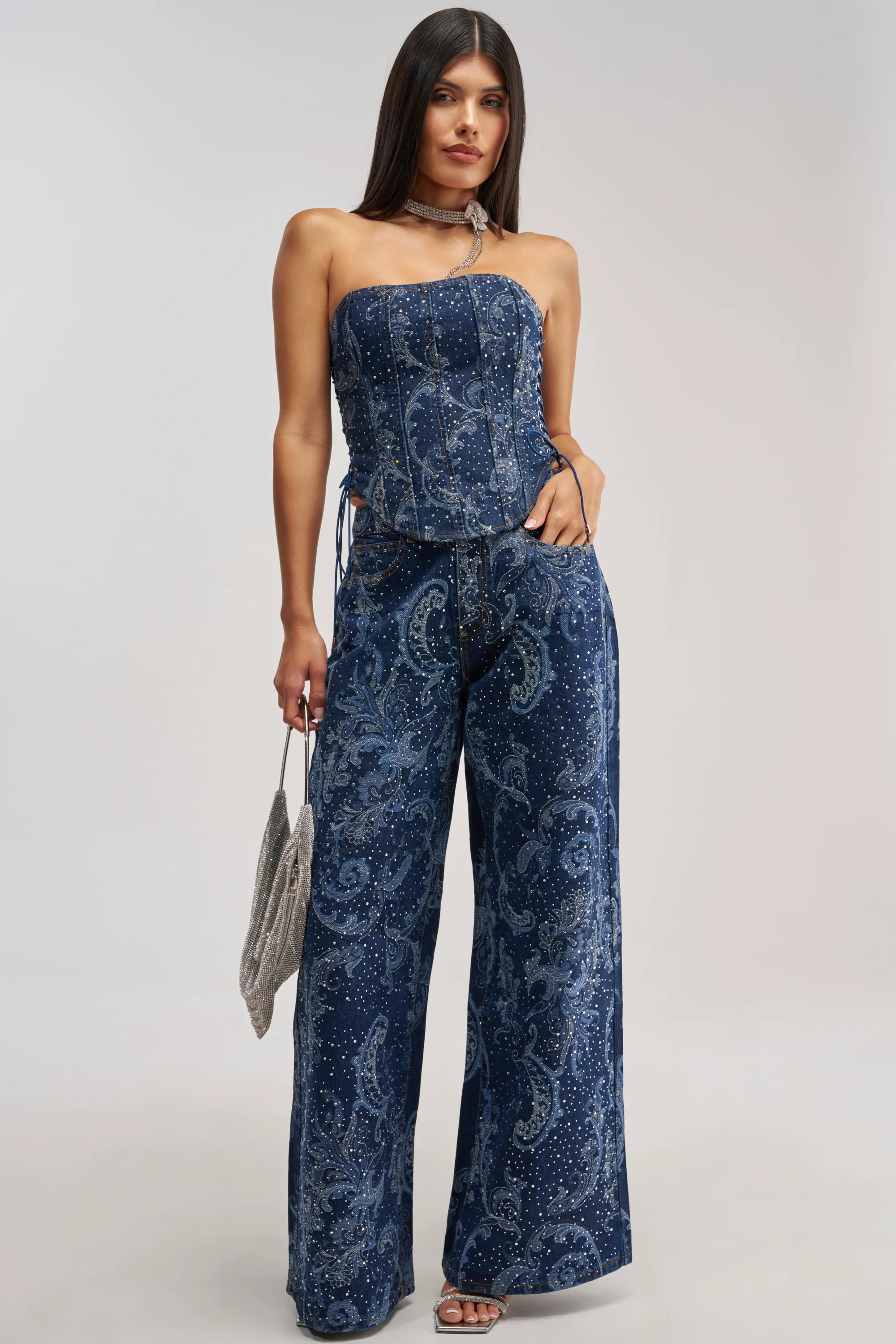 ELEVATED WIDE LEG DENIM WITH RHINESTONES - Akira Store