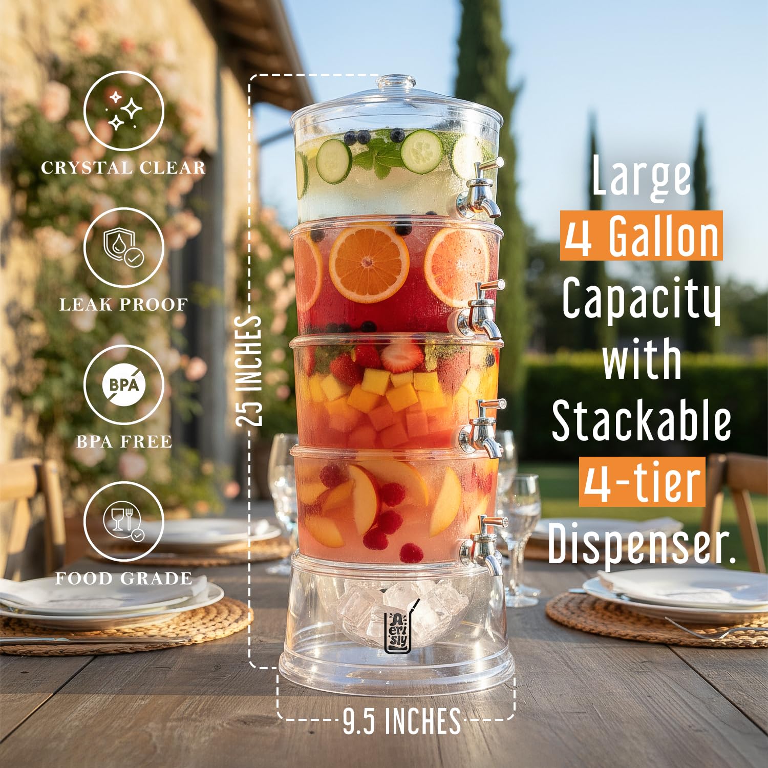 Party Tower Beverage Dispenser 4 Chambers - Large Drink Dispensers For Parties With Spigot & Lid - Plastic Drink Dispenser For Juice/Lemonade -Punch Dispenser For Parties 4 Gallon/Containers