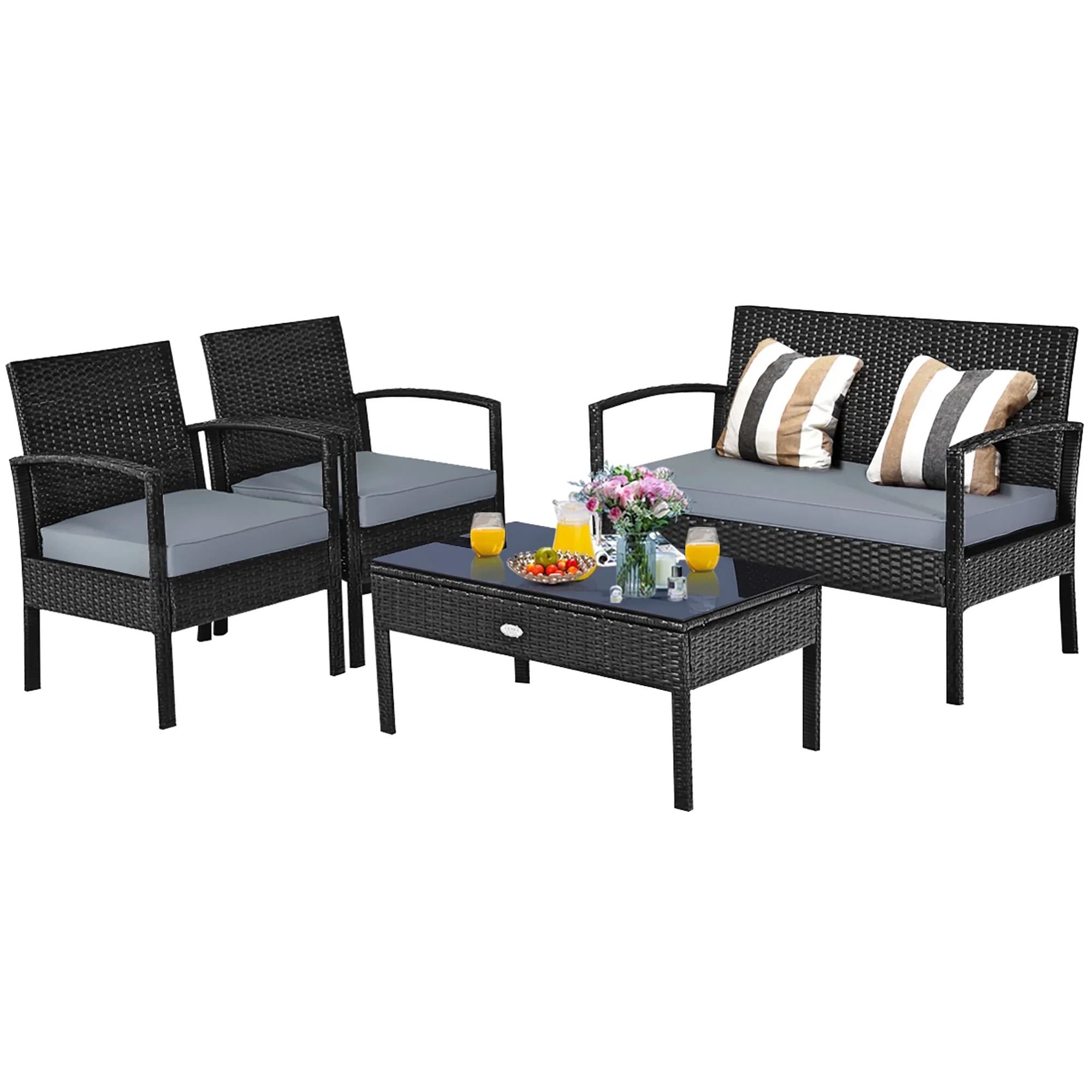 Costway 4PCS Patio Rattan Wicker Furniture Set Loveseat Sofa Cushioned Garden Yard Brown