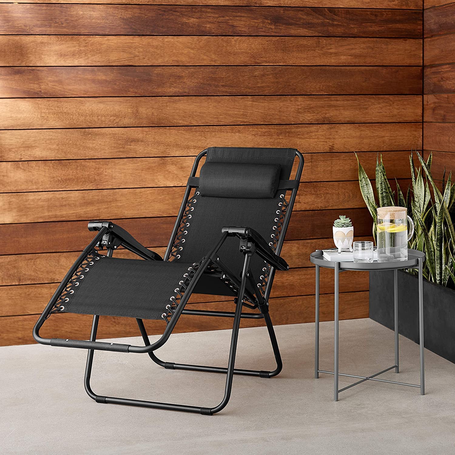 Fauteuil inclinable pliant réglable zéro gravité avec oreiller, noir
