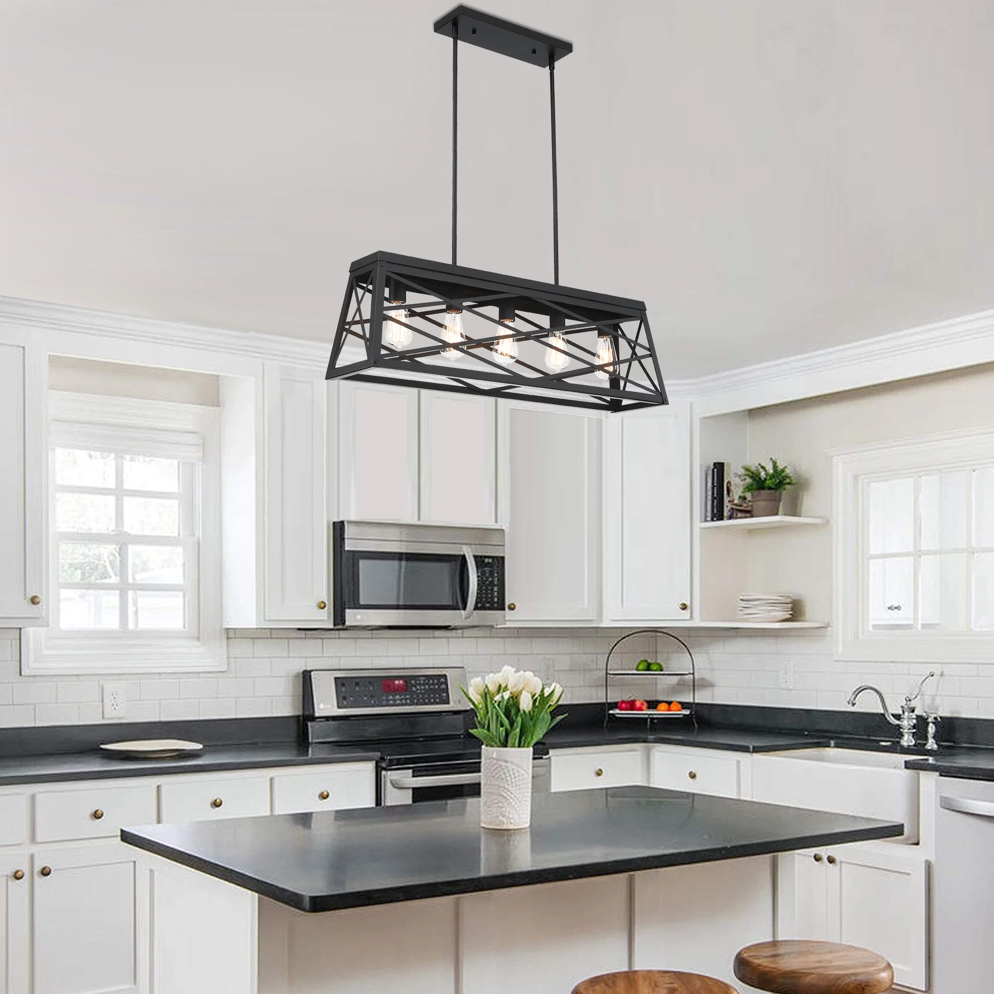 5-Light Farmhouse Matte Black Chandelier Industrial Pendant Lighting for Kitchen Island for Dining Room, Living Room