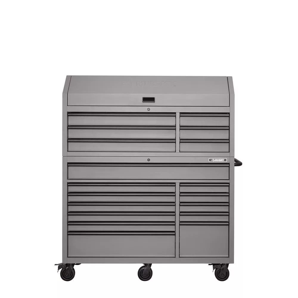 Coffre à outils et armoire combinés robustes de 142 cm de large et 18 tiroirs, gris mat