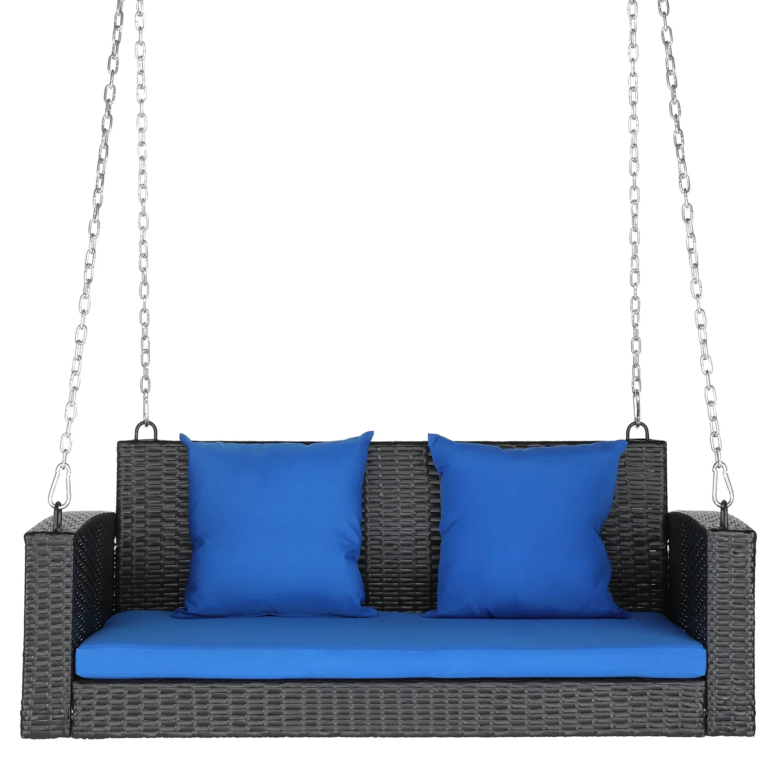 SamyoHome Garden Swing Rattan Wicker  Hanging Swing Bench w/ Blue Cushion