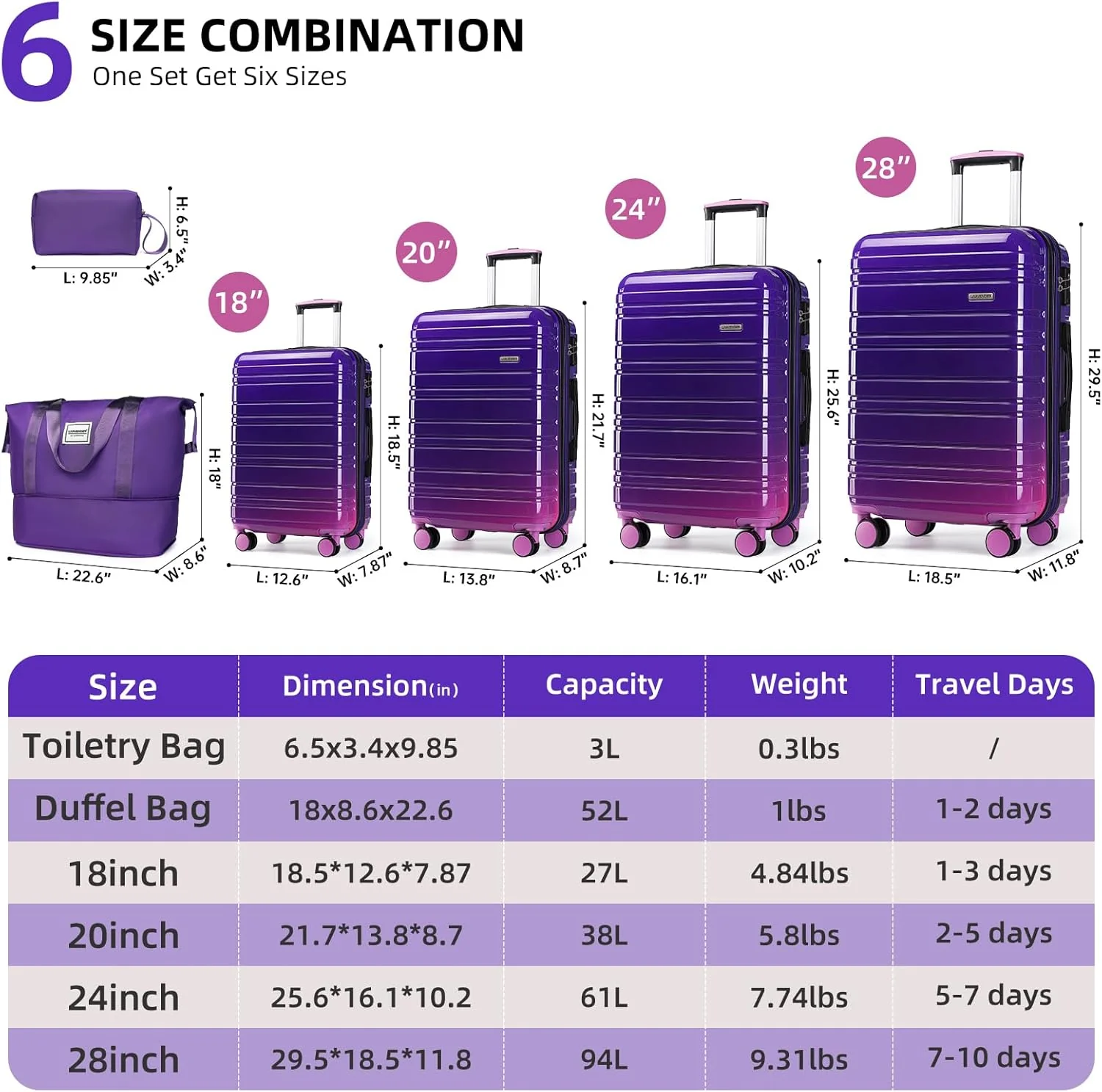 Ensemble de 6 valises, ensemble de valises rigides extensibles avec roulettes multidirectionnelles, ensemble de bagages à roulettes légers