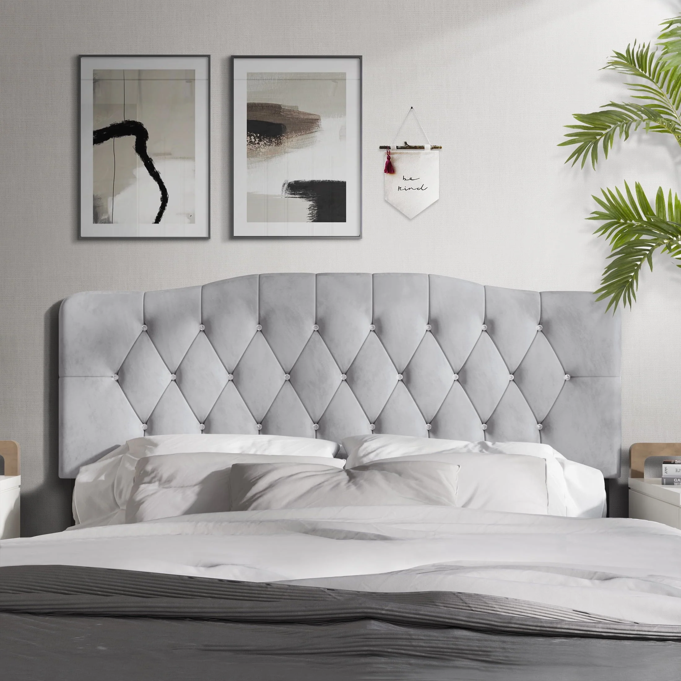 Uphlostered Tufted Headboard, Silver Grey Velvet, King
