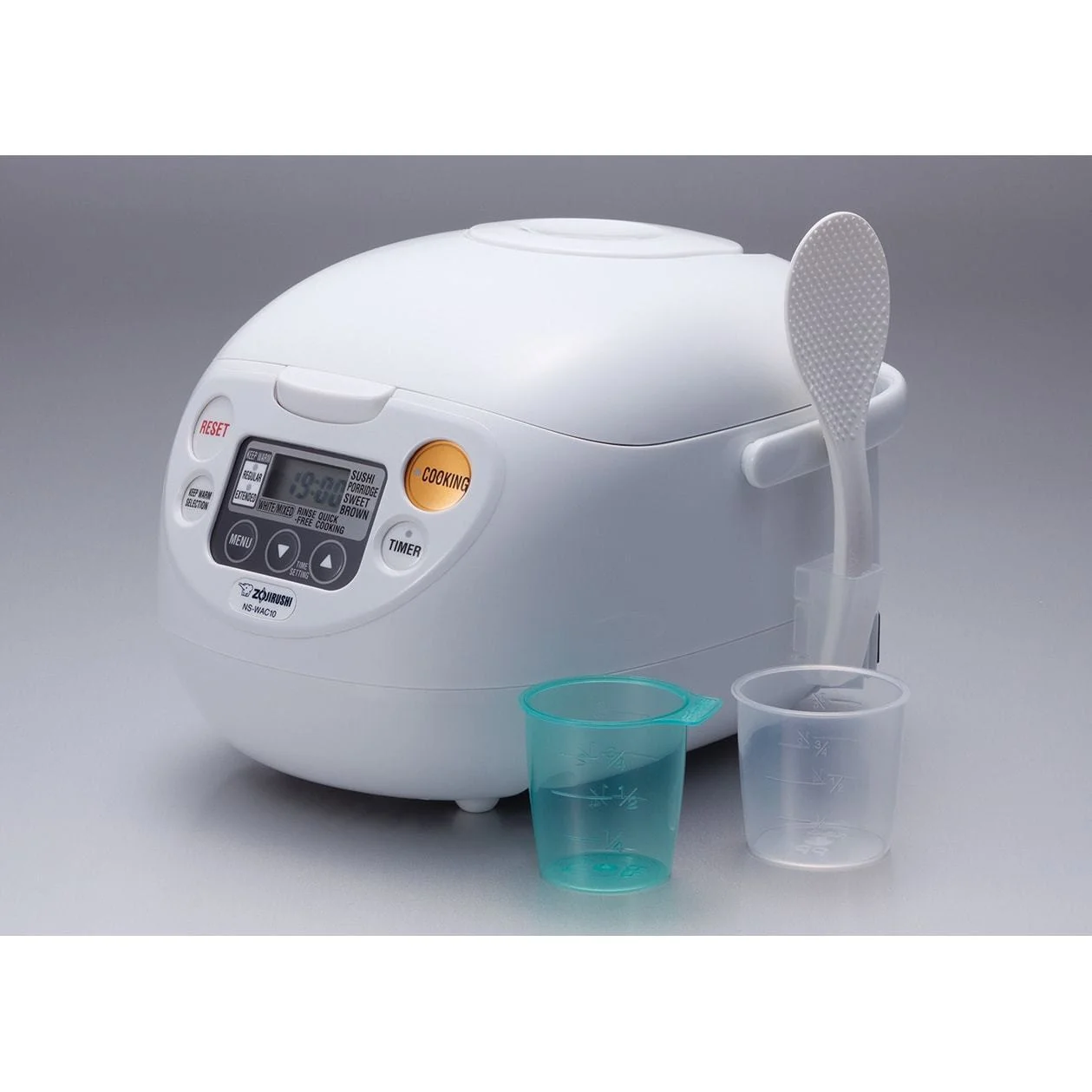 Zojirushi Micom Rice Cooker and Warmer (10 - Cup/ Cool White) with Rice Washing Bowl and Bamboo Spoon