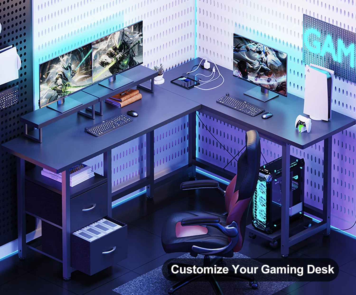L Shaped Gaming Desk with Power Outlets, Computer Desk with Shelf and Drawers for Home /Office, Black(Black) - Image 2