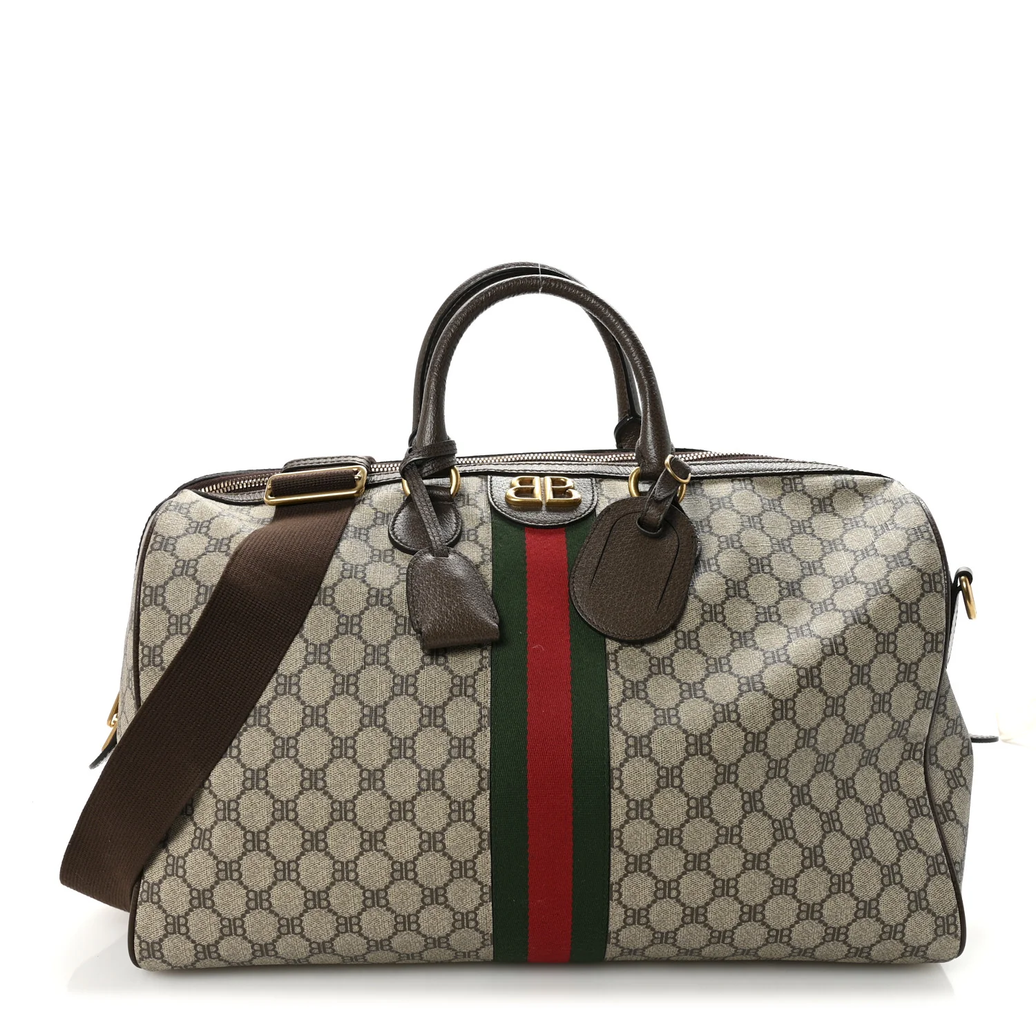 X BALENCIAGA BB Supreme Monogram Web Medium Ophidia Carry-On Duffle Bag Beige New Acero