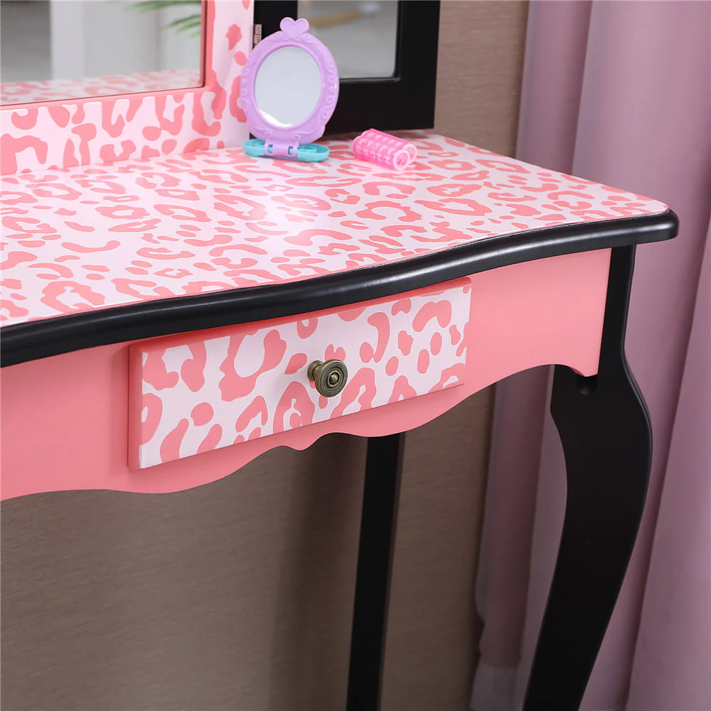 Kids Vanity Table and Stool Set with 3 Mirrors, Pretend Play Princess Makeup Dressing Table,Children's Furniture(Blue) Image 10
