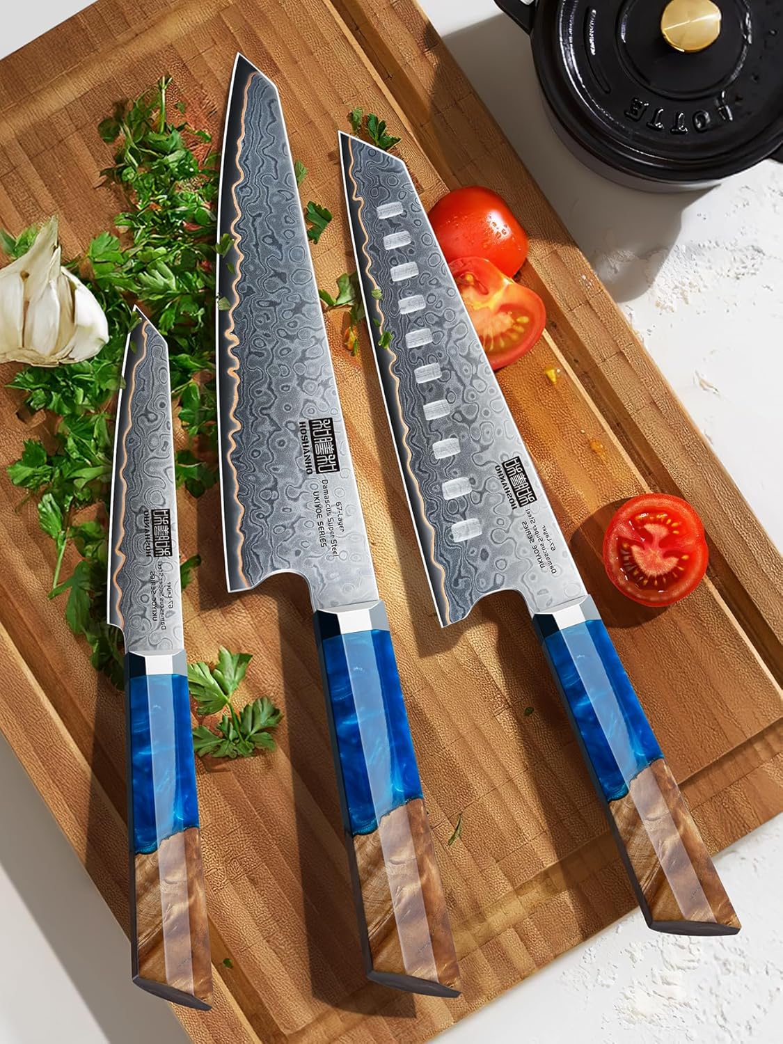 HOSHANHO Damascus 3 Pieces Knife Set, Professional 67-Layer Damascus Steel Kitchen Knife Set, Ultra Sharp Japanese Chef Knives Set with Ergonomic Blue Resin Stabilized Handle & Wood Gift Box
