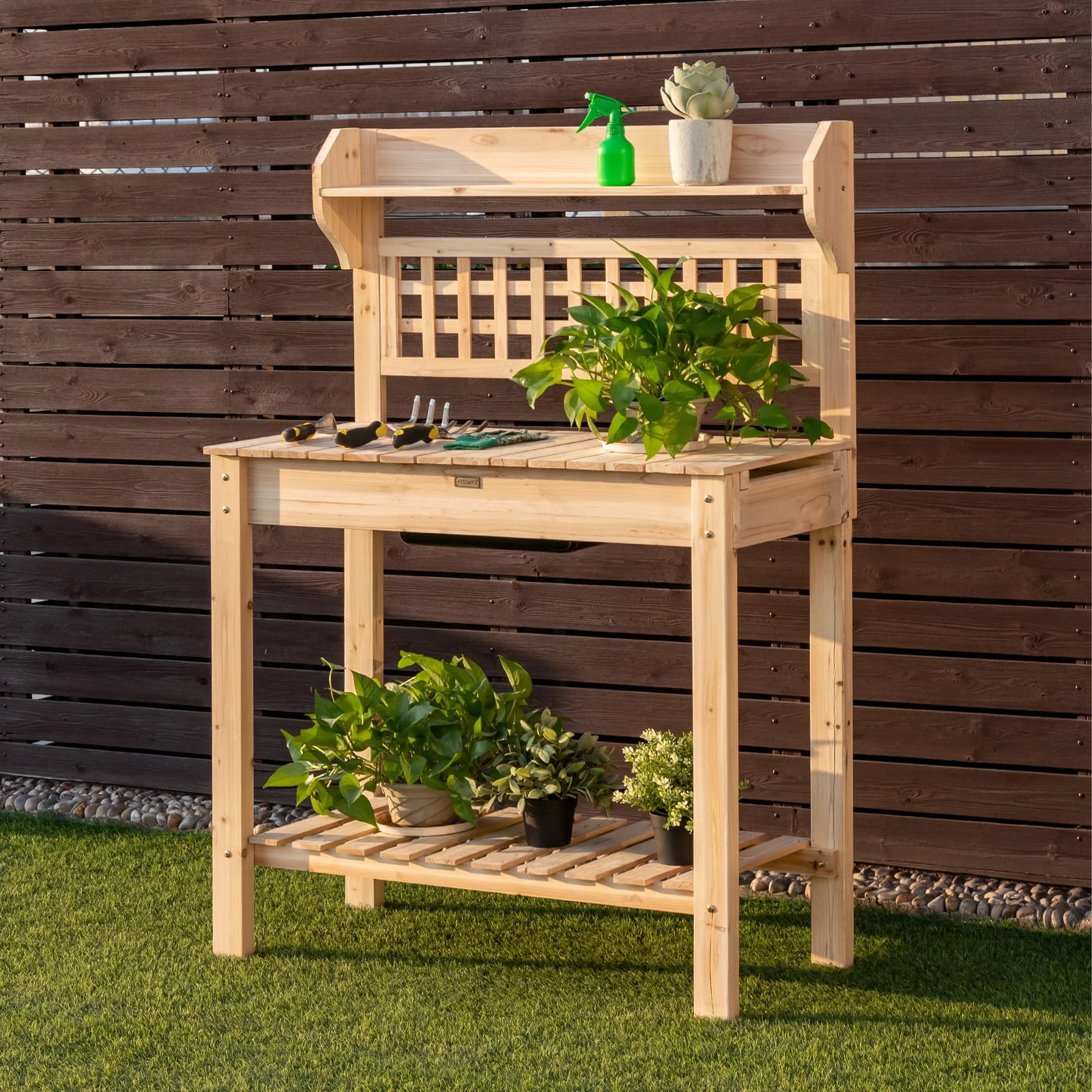 Topbuy Garden Potting Bench Workstation Table w/ Sliding Tabletop&Removable Sink for Garden&Backyard