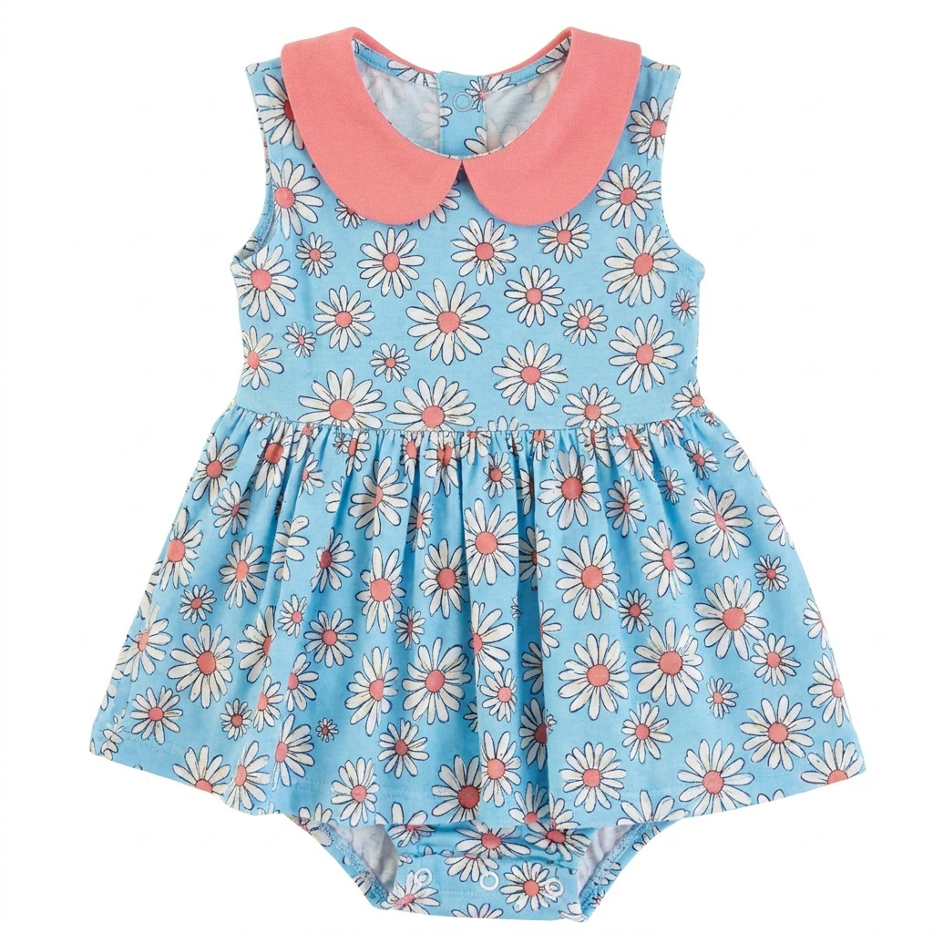 Fashion Trendy Blue Pink Color Cute Daisy Pattern Snap Button Design Baby Girl Romper Dress Jumpsuit Outdoor Picnic Photo Shoot