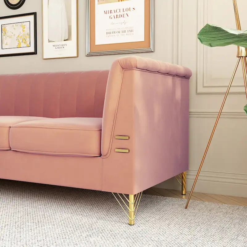 Contemporary Velvet Upholstered 3-Seat Sofa with Golden Metal Legs - Pink Living Room Couch (83.46" x 30.51" x 31.9")
