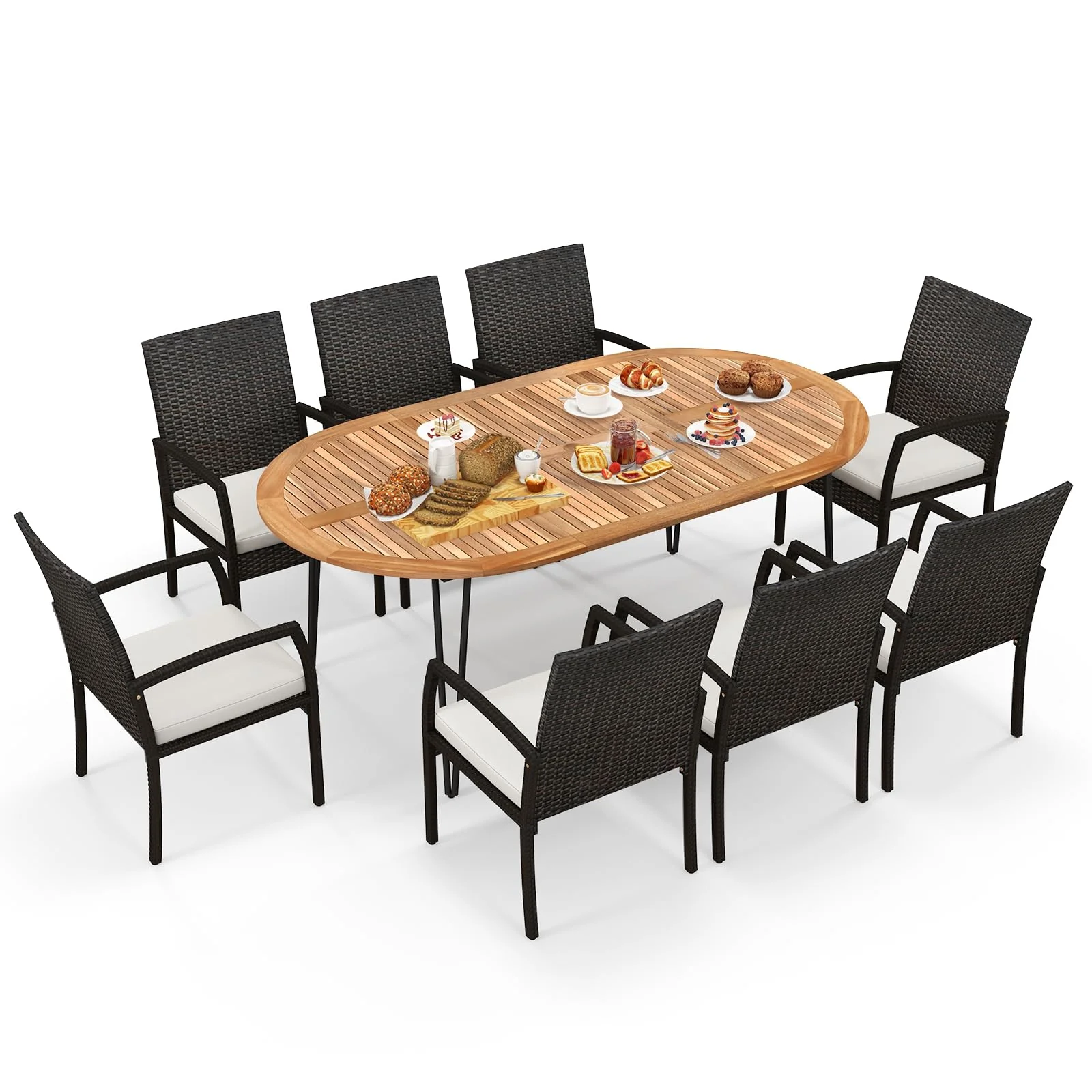 Tangkula 9 Pieces Patio Rattan Dining Set, Outdoor Oval Acacia Wood Dining Table and 8 Patio Wicker Armchairs Set with Umbrella Hole