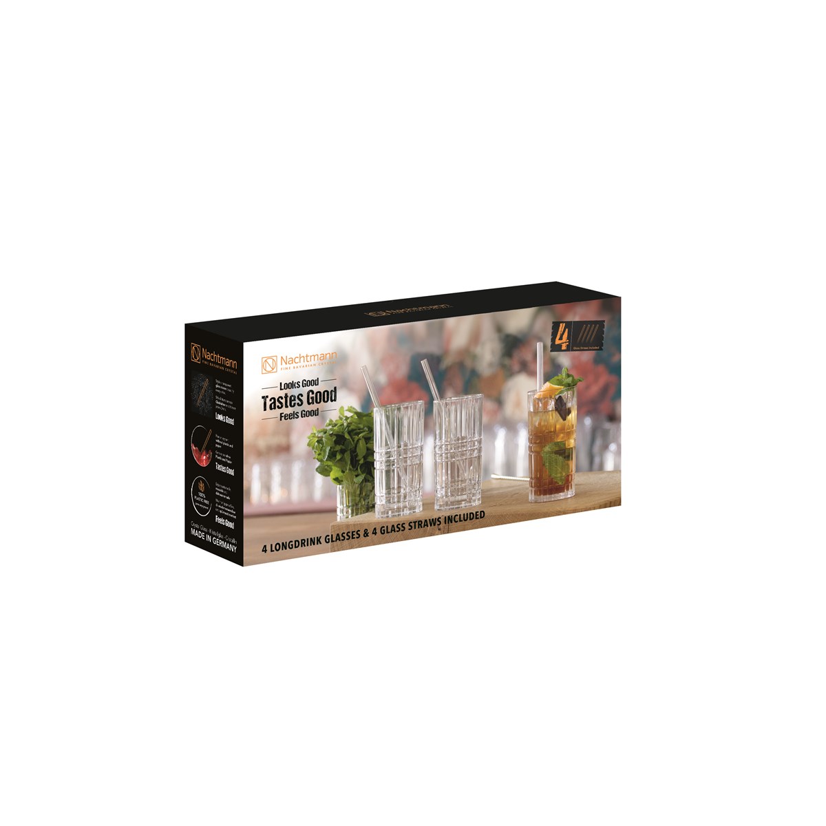 Longdrinksett med sugerør 44,5 cl 4 stk