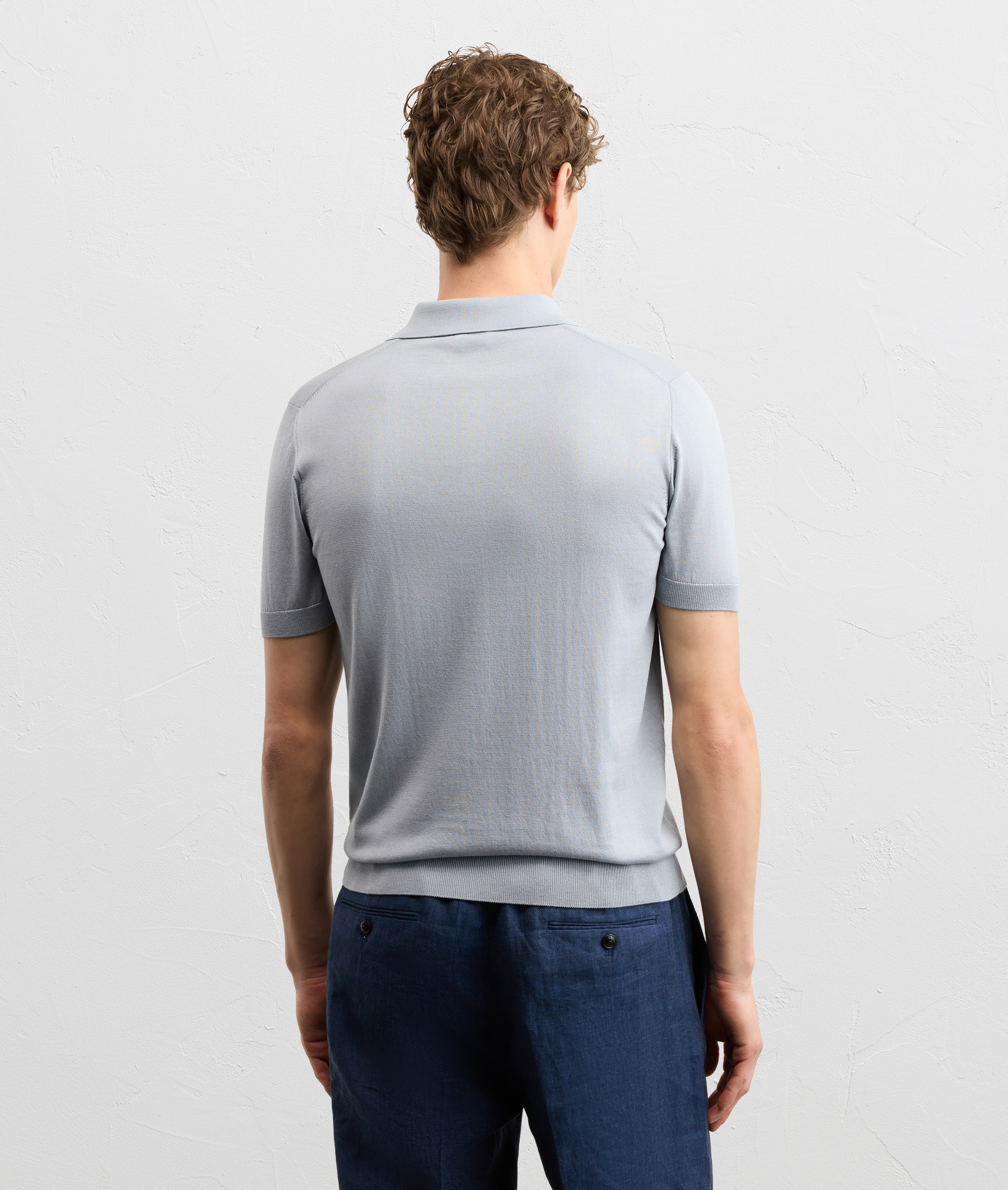 LIGHT GREY SILK AND COTTON SHORT-SLEEVED KNITTED POLO SHIRT