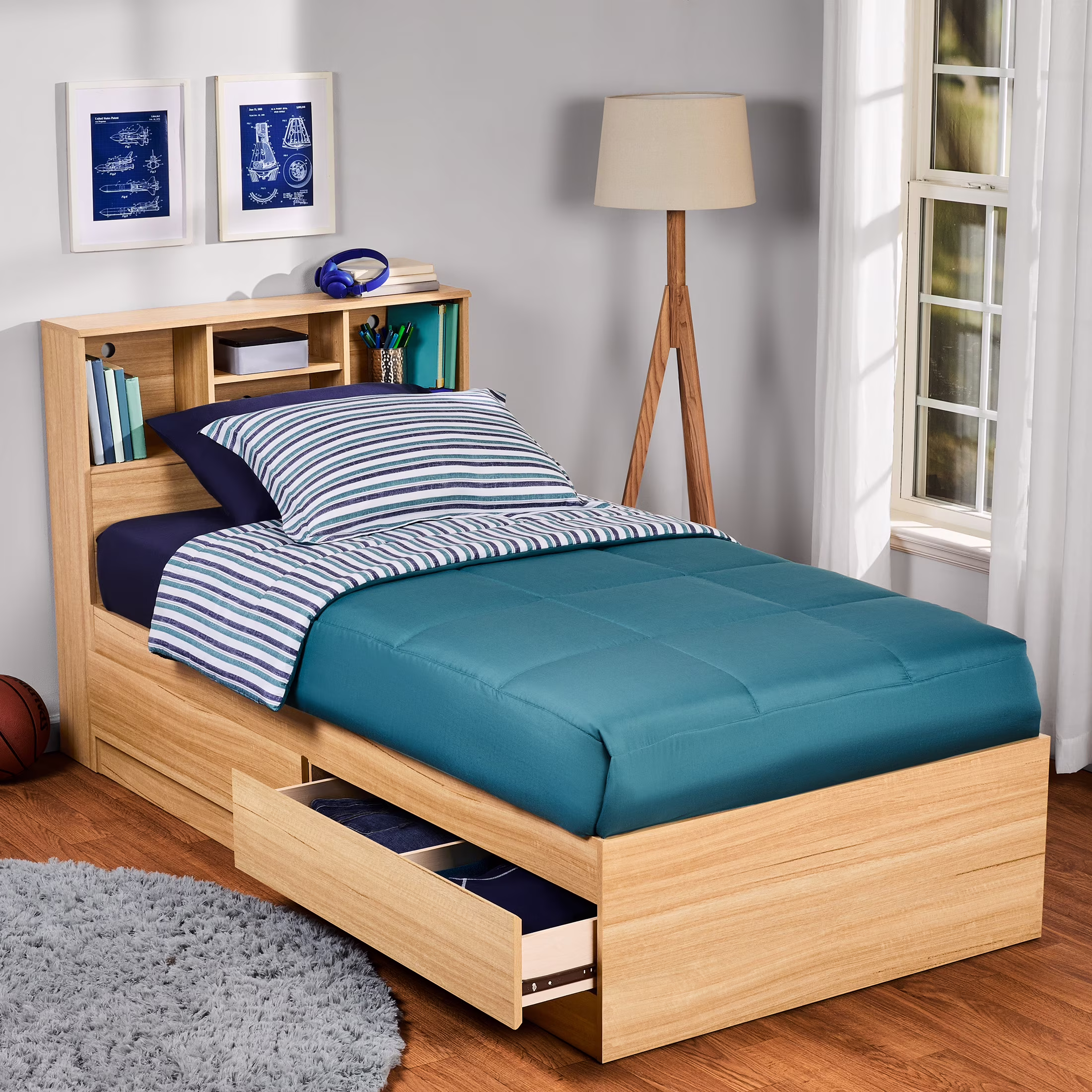 Easy to Assemble Storage Bed with Bookcase Headboard, Twin, Natural Teak Finish(Natural Teak)