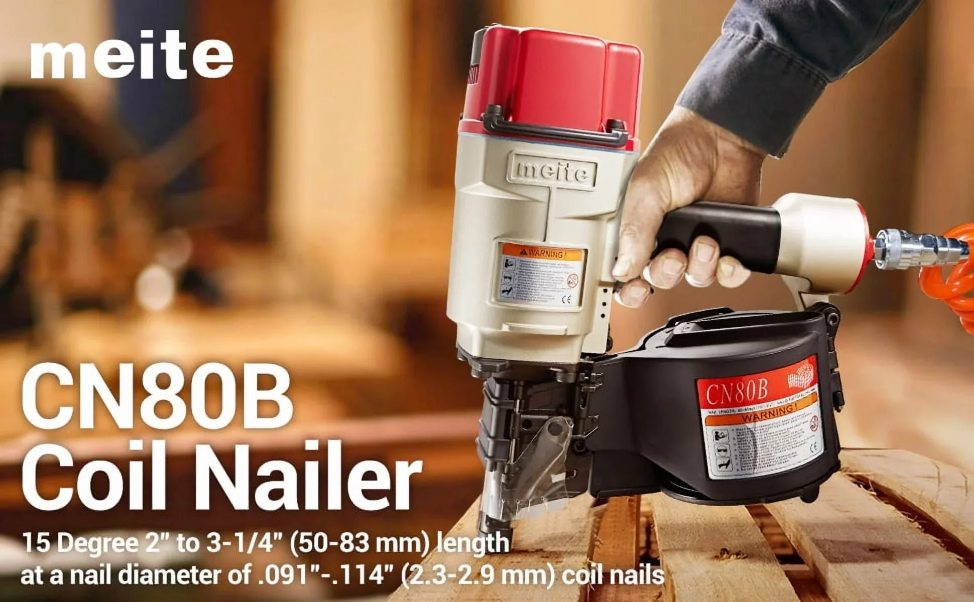 MEITE CN80B Pneumatic Coil Siding Nailer 15 Degree 2 to 3-1/4 Industrial Coil Nail Gun