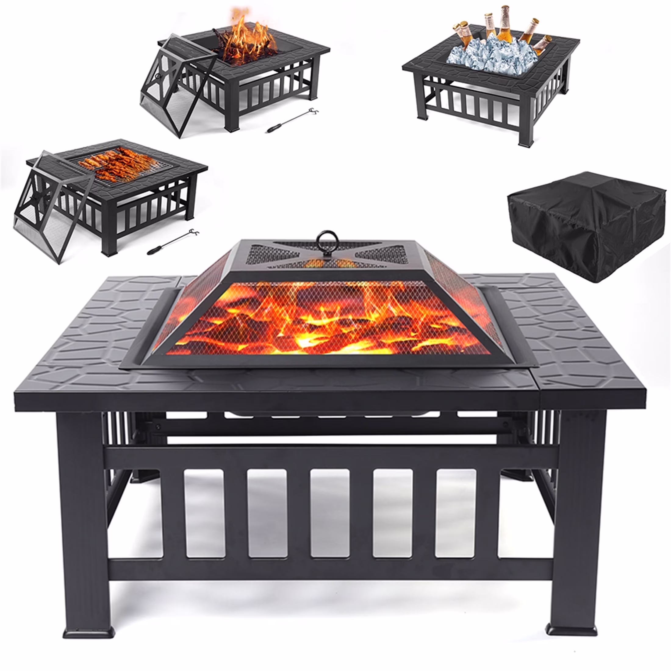 Fire Pits for Outside, UHOMEPRO 32 Square Iron Fire Pit Backyard Patio Garden Stove Wood Burning Fire Pit w/ BBQ Net, Waterprrof Cover, Mesh Screen Lid, Wood Grate, Poker, Durable Fire Pit