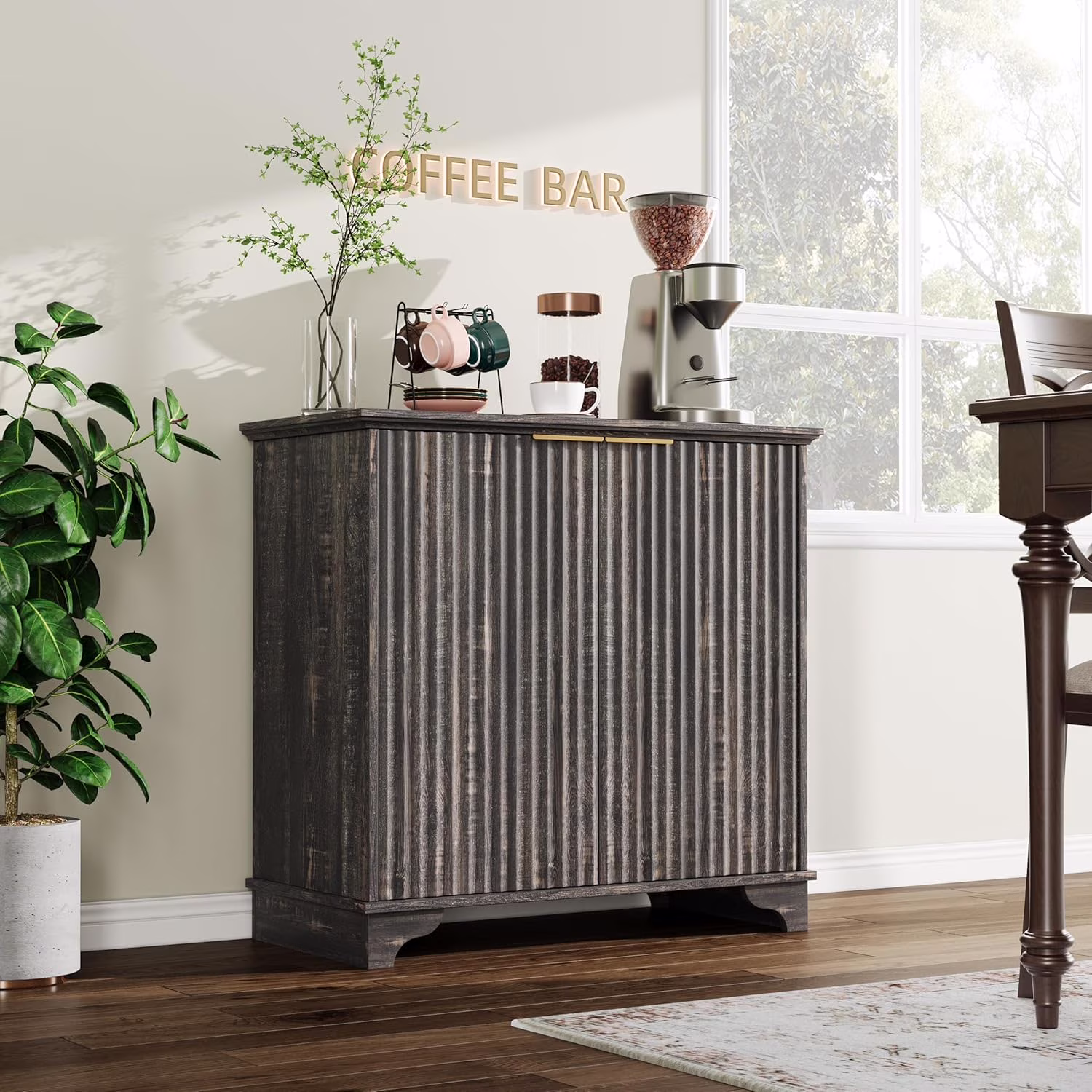 Perfect Deals Await Modern Farmhouse Coffee Bar Cabinet �?Kitchen Storage Cabinet with Fluted Doors, Sideboard Buffet with Adjustable Shelves for Kitchen, Dining Room, and Living Room,White(Dark Oak)