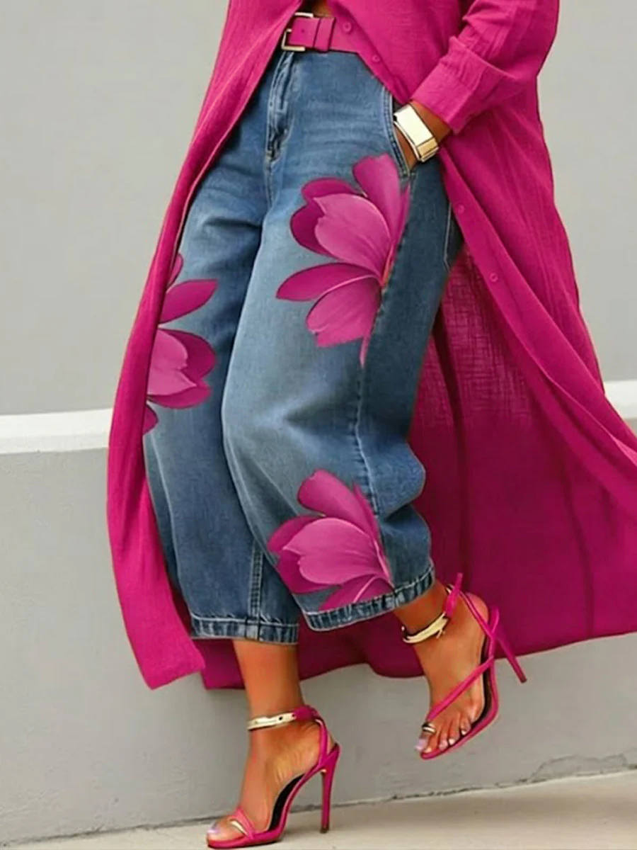 Jean en denim à imprimé artistique décontracté