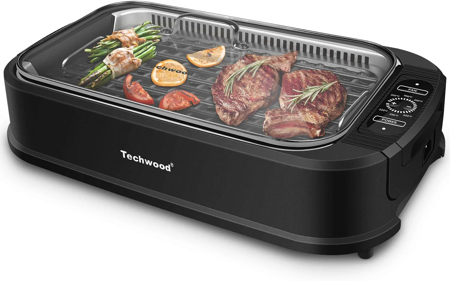 Gril d'intérieur Techwood 1500 W sans fumée avec couvercle en verre trempé, compact et portable, antiadhésif, 6 niveaux de cuisson, compatible lave-vaisselle, noir.