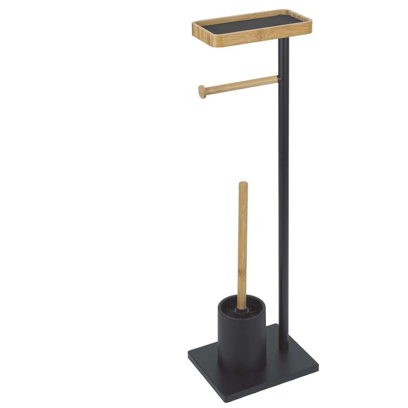 Support papier toilette brosse WC et support téléphone métal noir et bambou H66.5cm