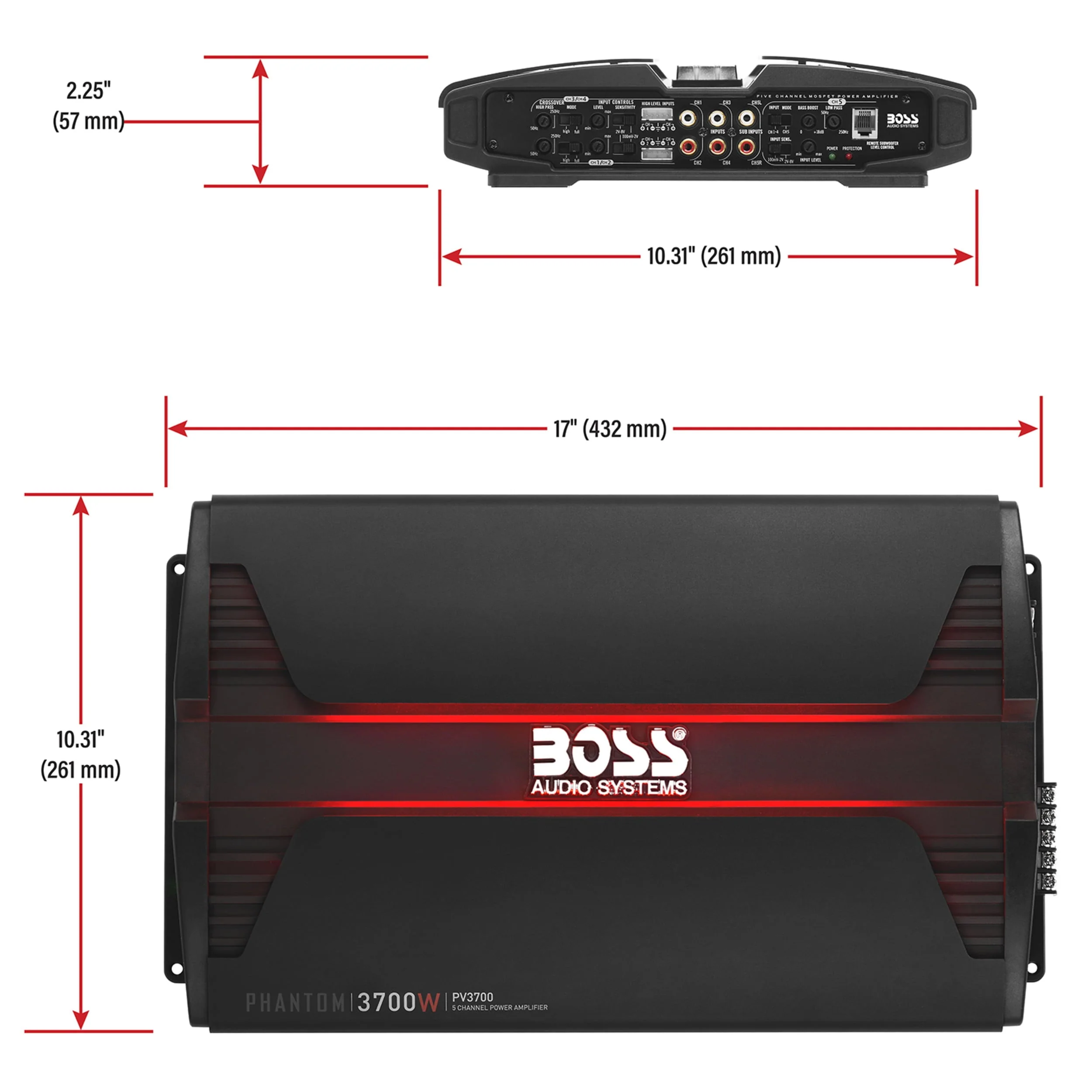 BOSS Audio Systems PV3700 5 Phantom Series Car Audio Amplifier - 3700 High Output, 5 Channel, 2/4 Ohm Stable, Low/High Level Inputs, High/Low Pass Crossover, Full Range, Bridgeable, Subwoofer
