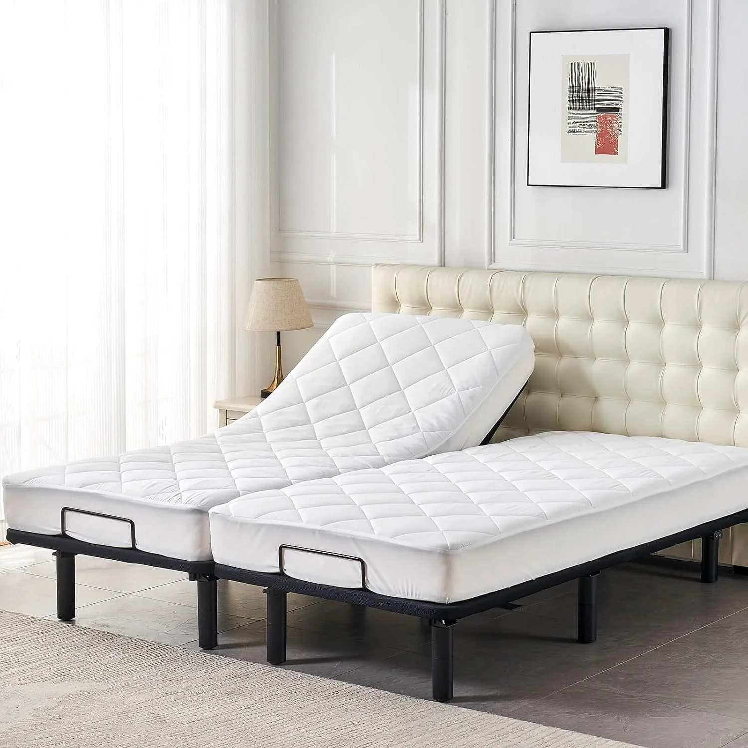 Split King Mattress Topper for Adjustable Bed Fluffy Matress Cover Quilted Fitted Mattress Pad with Elastic Pocket(Split King/White) - Image 7