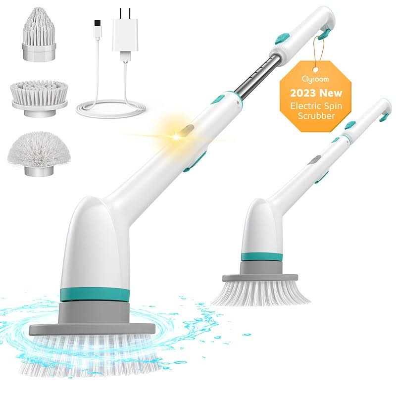 Electric Spin Scrubber, Clyroom CL1 IPO Power Electric Bathroom Scrubber with Dual Speed, Rechargeable Scrubber with 90min Runtime, Short and Long
