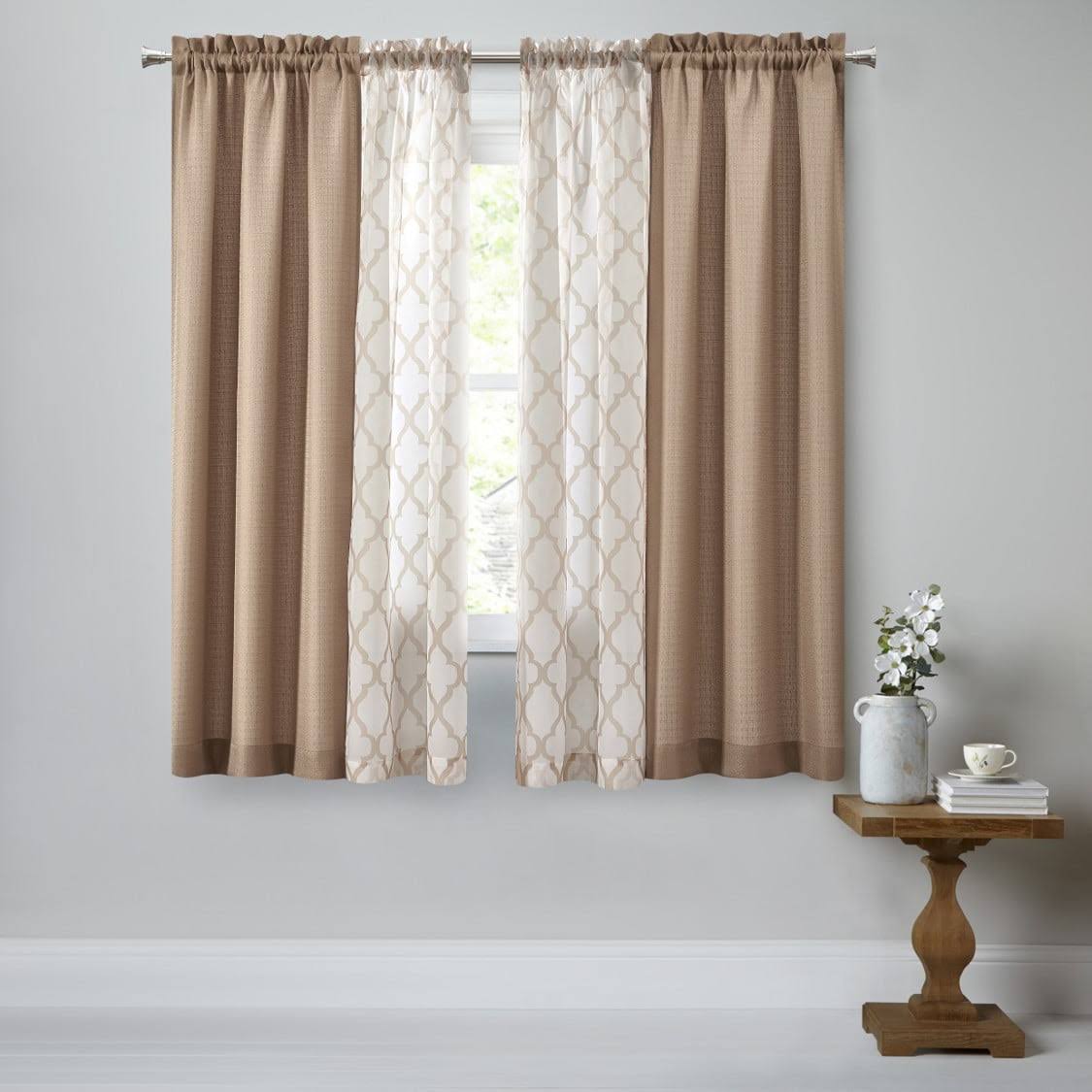 Mainstays 4pc Set, Rod Pocket Curtain Panel, 27.5 inch x 63 inch, Tan, Size: 27.5 x 63