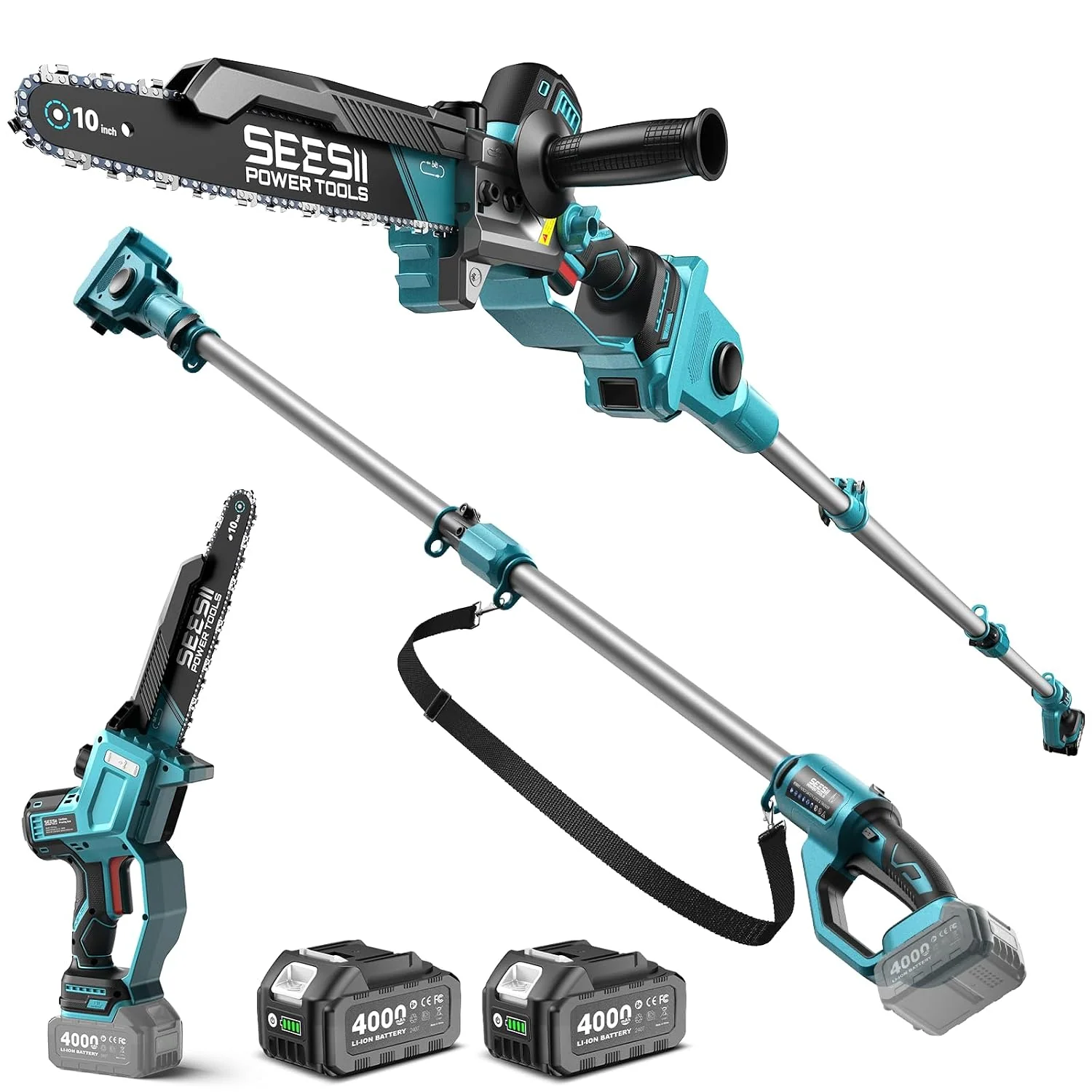 SEESII 10-Inch 2-in-1 Cordless Pole Saw & Mini Chainsaw,2 x 4.0Ah Batteries