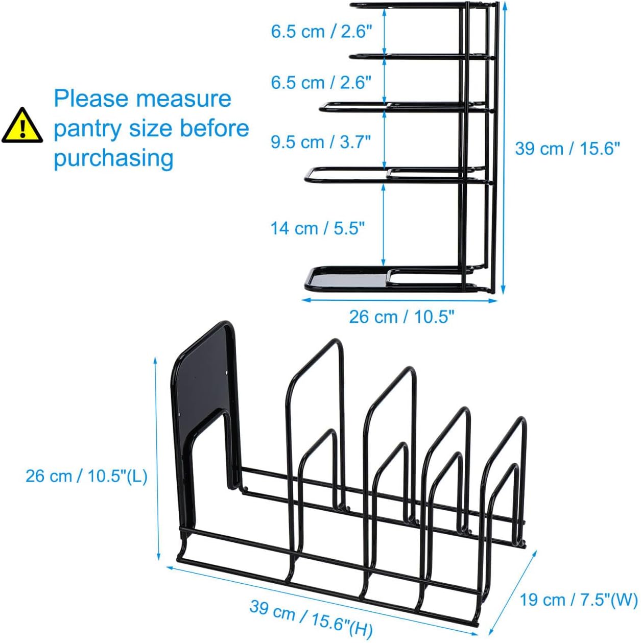 Toplife Heavy Duty Pan Organizer, 5 Tier Pot and Pan Organizer Rack for Cast Iron Skillets, Griddles and Pots - Sturdy Steel Construction - No Assembly Required - Black