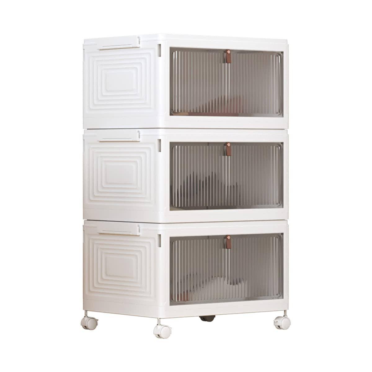 LEAIJIAFY 3 Tier Foldable White Plastic Shoe Box,Large Stackable Storage Bins with Lids,Storage Drawers Cart Storage Containe