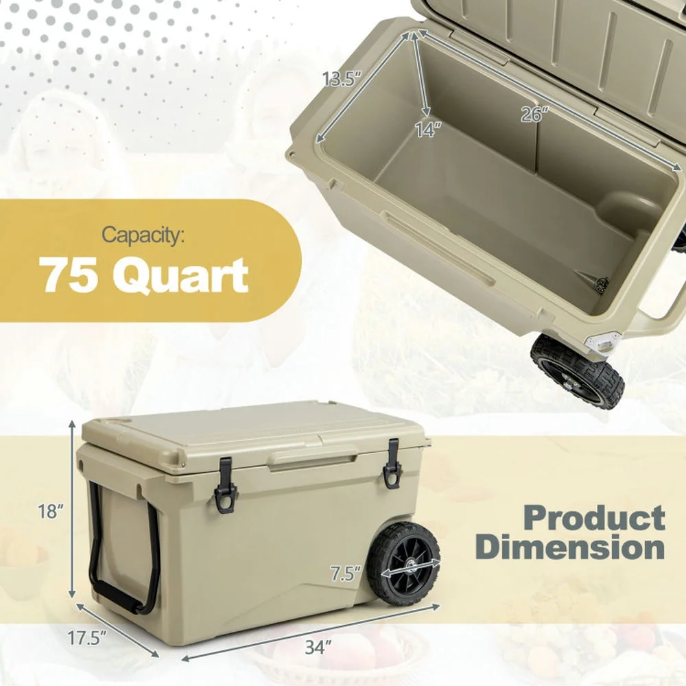 Refrigerator Freezer, Fridge,75 Quart Portable Cooler Rotomolded Ice Chest with Handles and Wheels-Tan - Image 2