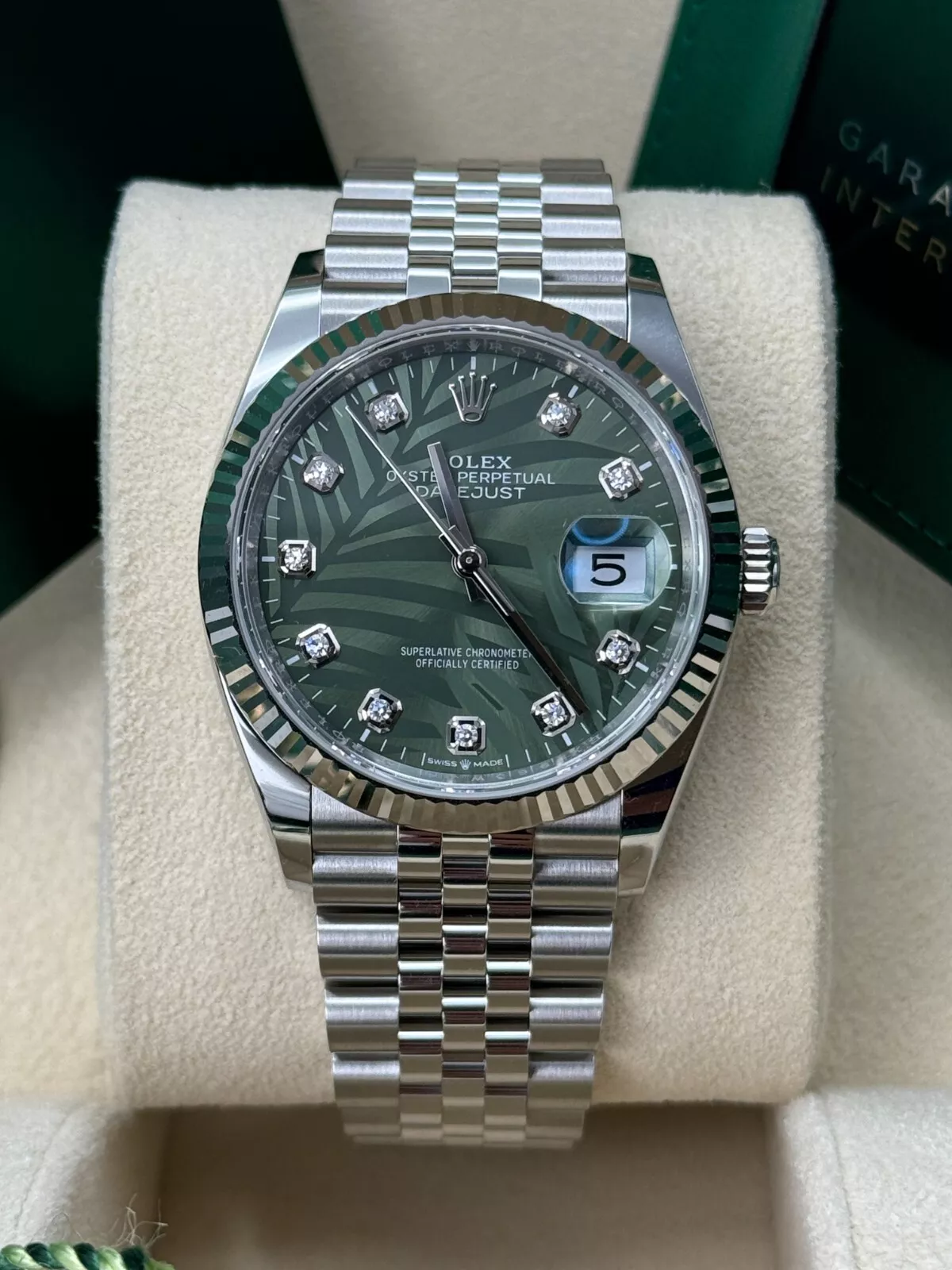 [Super Clone]RLX  Datejust 36mm 126234-0055 Olive Green Palm Motif Diamond Dial Jubilee Stainless Steel Watch