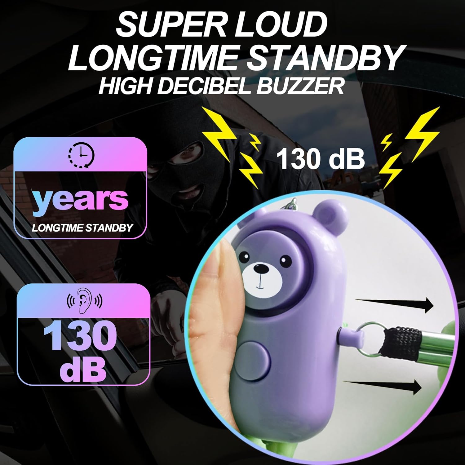 Personal Alarm Keychain - 130dB Safety Self Defense for Women Girl Kids Elderly, Multi-Function with LED Light, Cute Portable Security Safe Sound Siren (Purple)