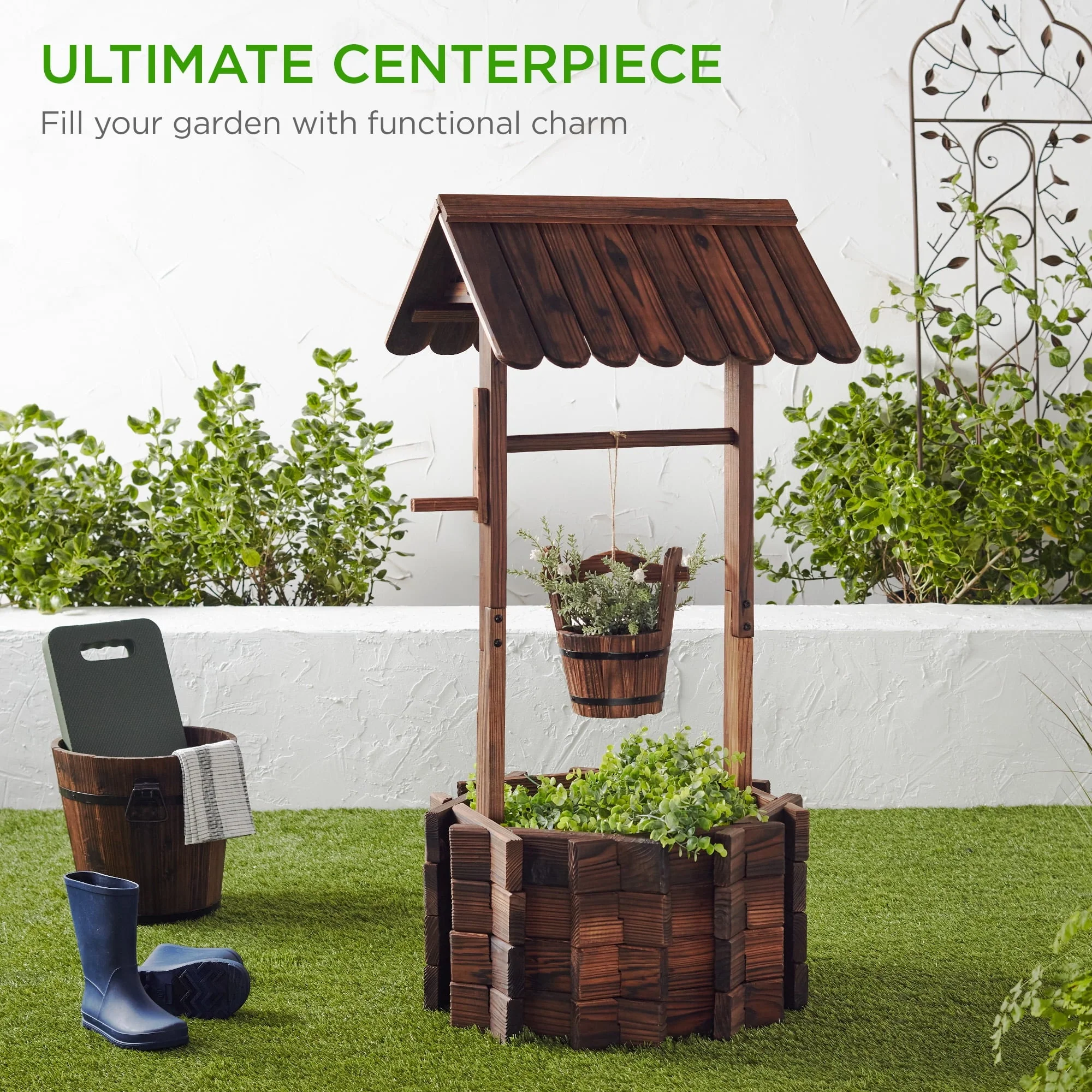 Rustic Wooden Wishing Well Planter Outdoor Home Decor for Patio, Garden, Yard w/ Hanging Bucket Image 2