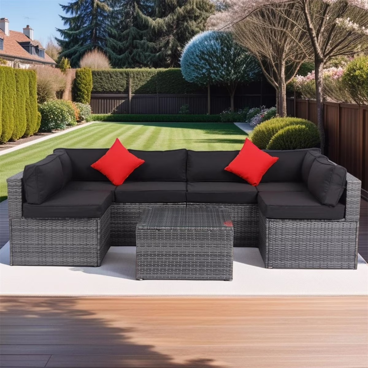 7 Piece Patio Furniture Sets Outdoor Sectional PE Rattan Outdoor Furniture Patio Conversation Set with Cushions and Glass Coffee Table, for Balcony Lawn and Garden, Gray(7pcs#Gray)