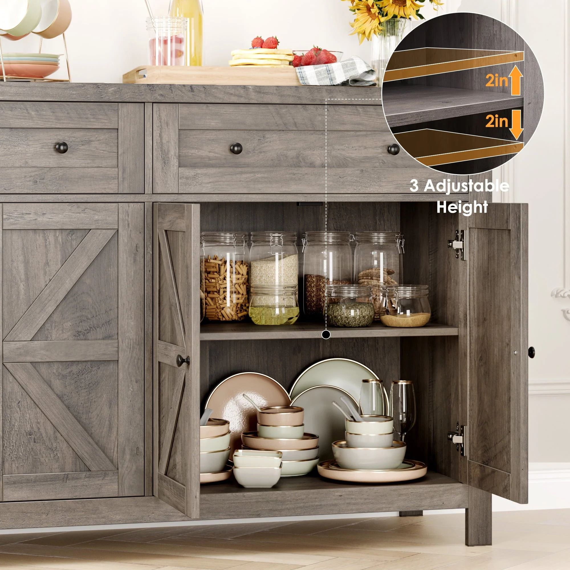 Homfa Farmhouse Kitchen Storage Cabinet, 4-Doors 2-Drawers Wood Buffet Sideboard for Dining Room Living Room, Gray(Brown)