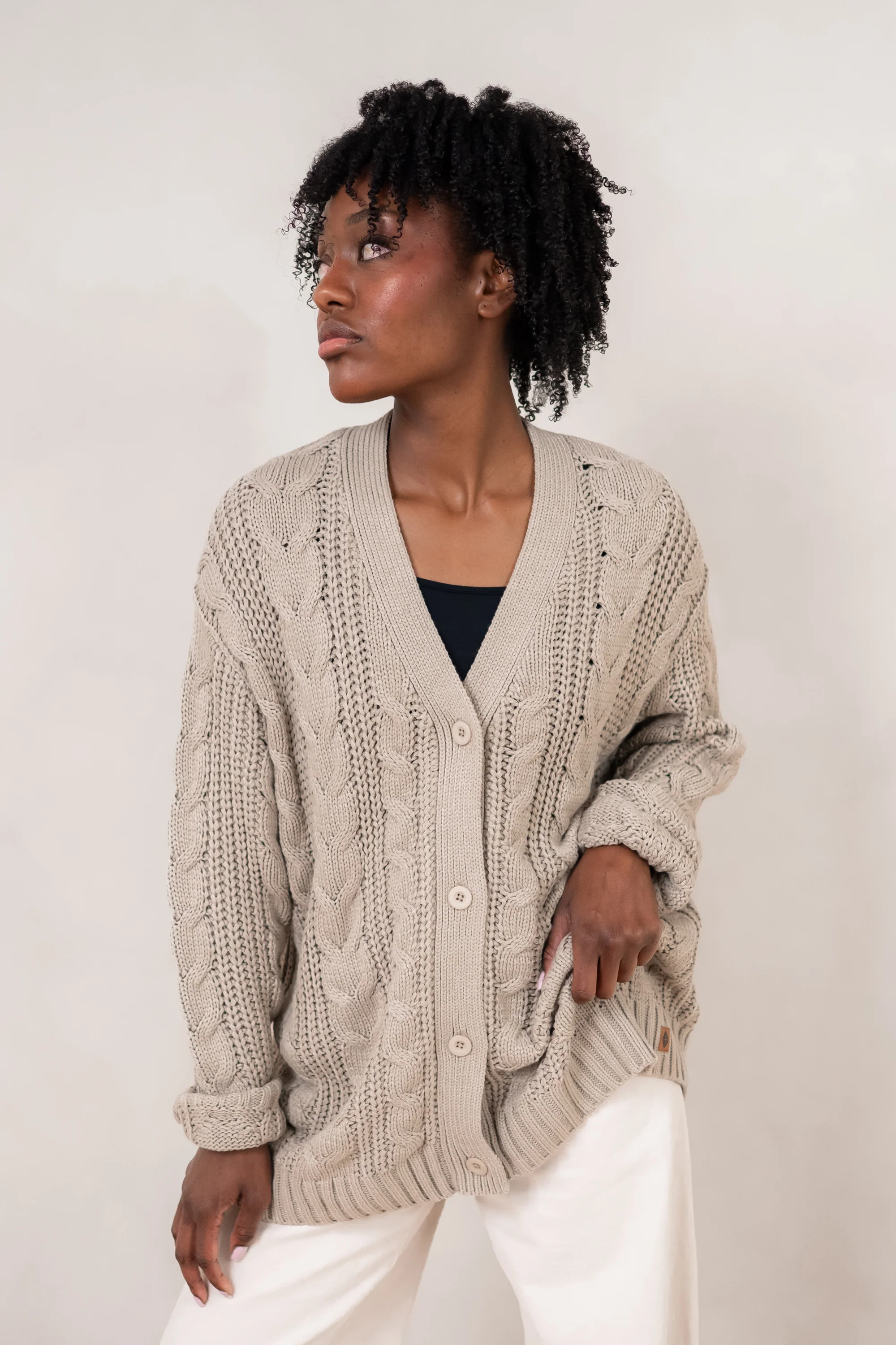 Cable Knit Adult Cardigan in Almond