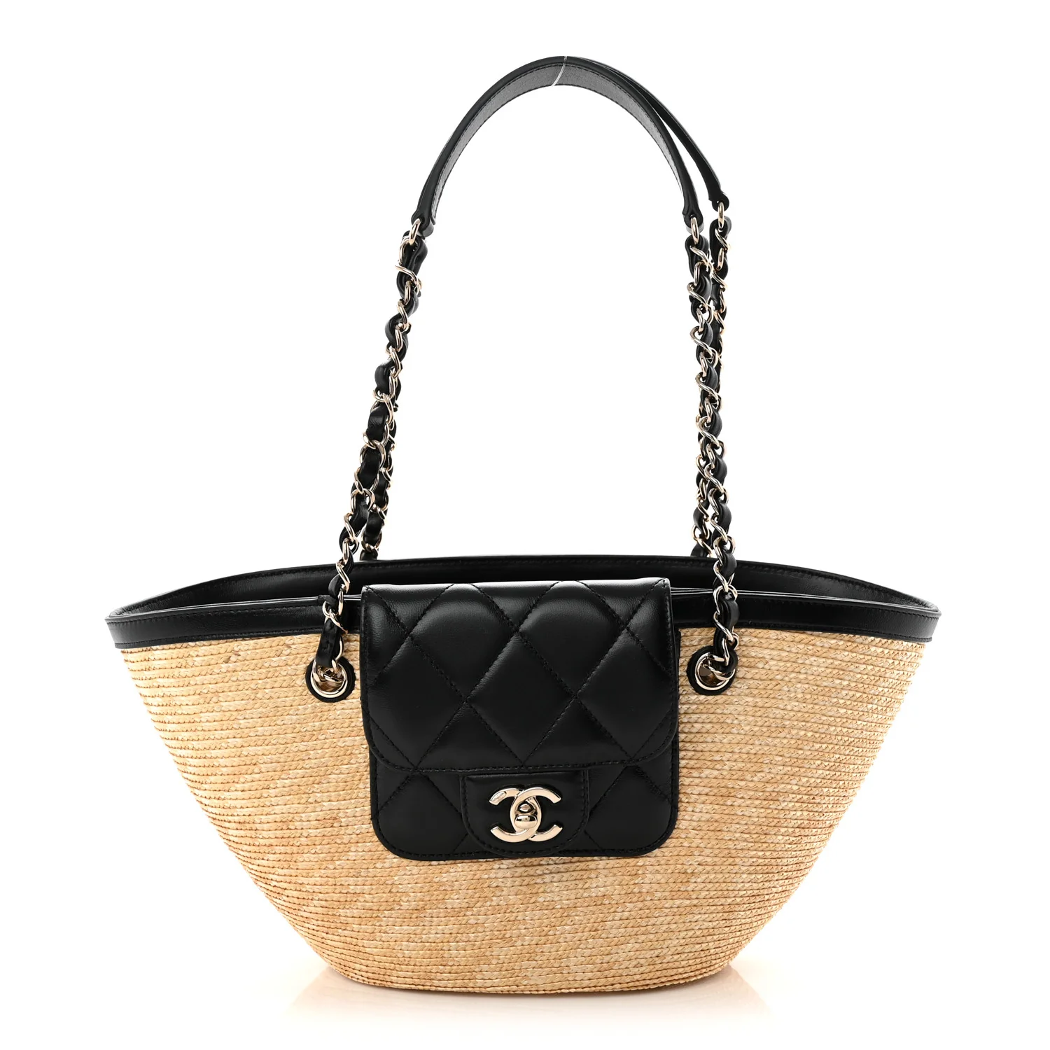 Raffia Braided Lambskin Small Shopping Tote Beige Black
