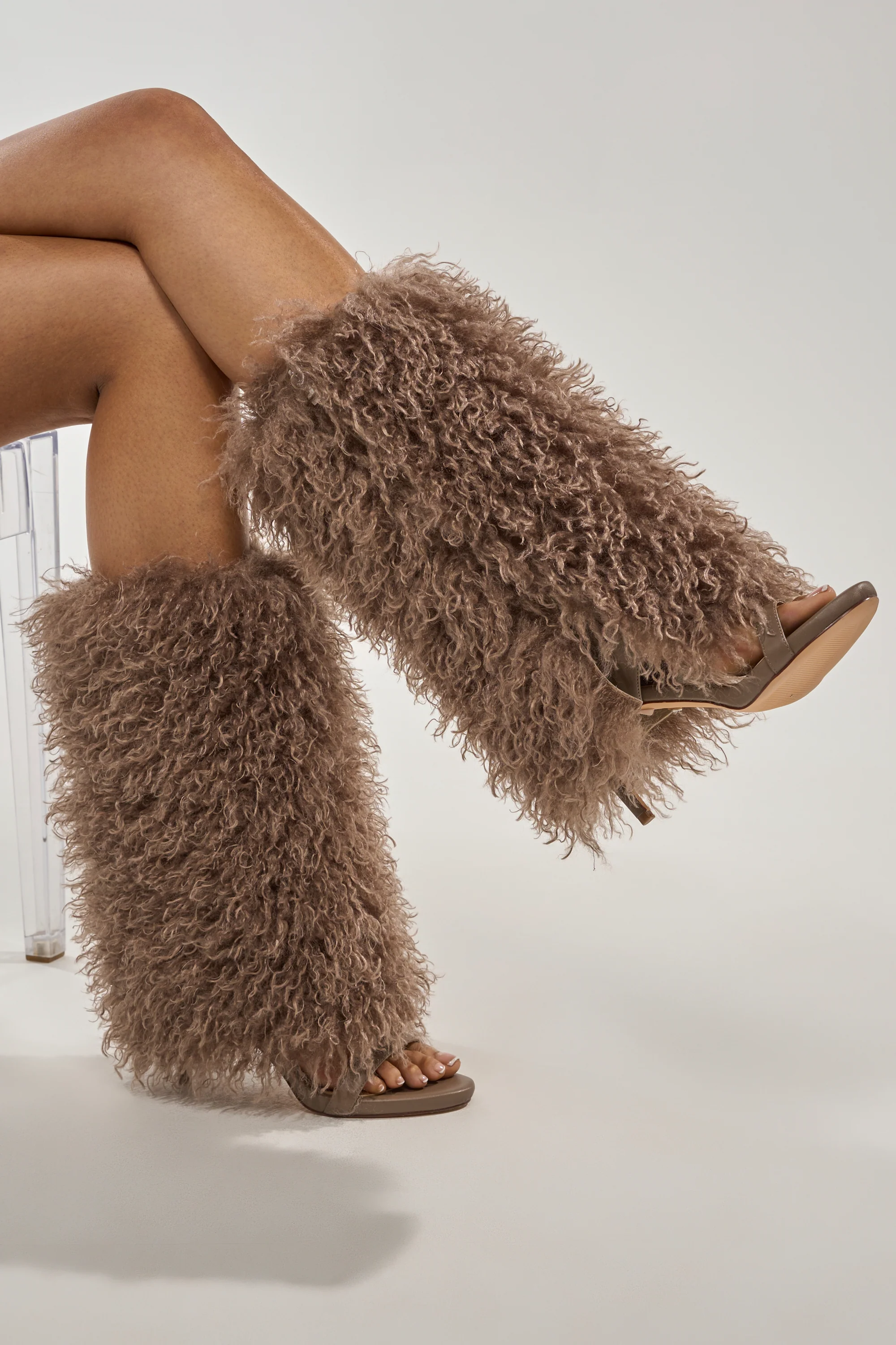 AZALEA WANG CLOUD NINE TAUPE FUR OPEN TOE BOOT - Akira Store