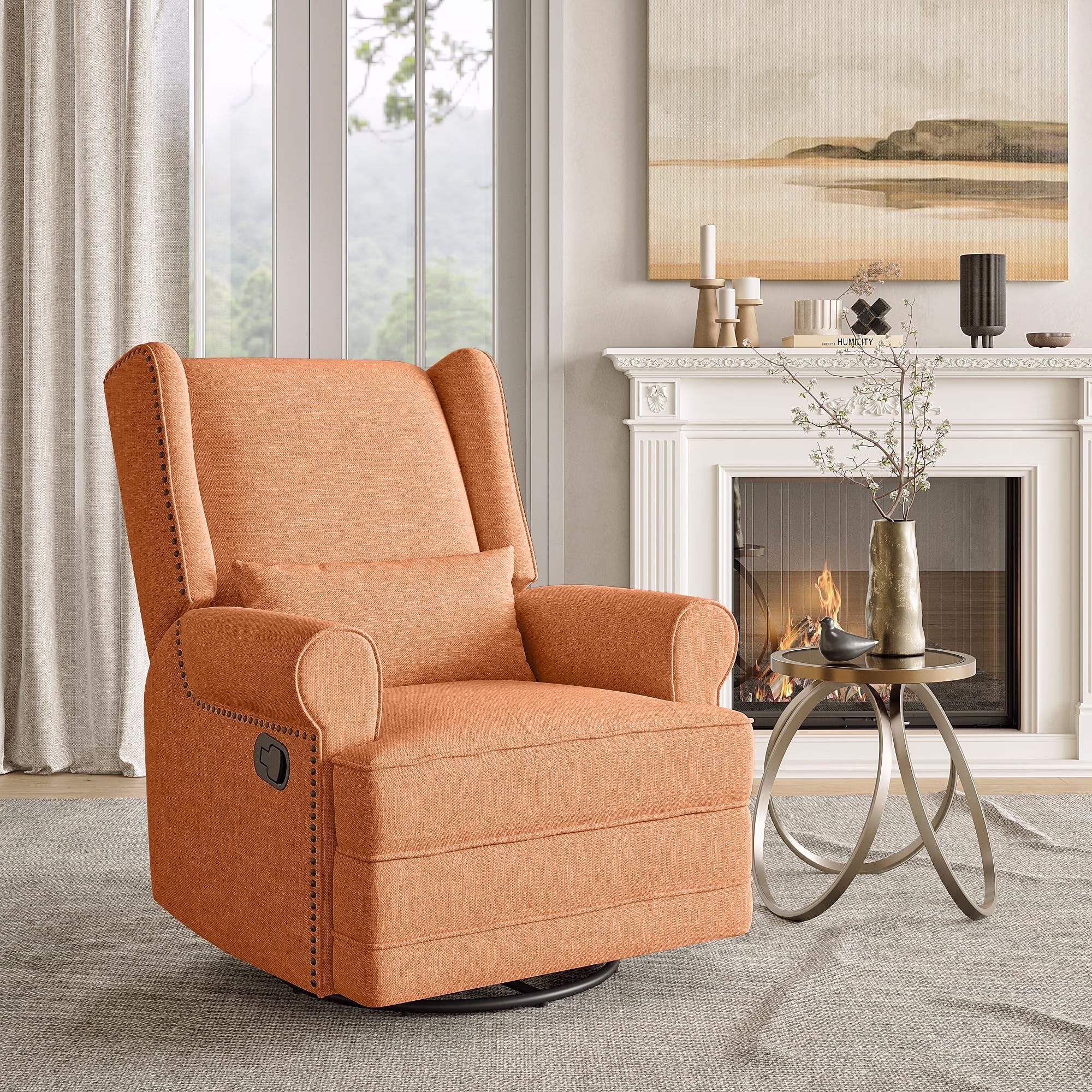 Swivel Nursery Glider Recliner, Comfy Upholstered Glider Chair with Lumbar Pillow and Footrest, Beige(Beige) - Image 5