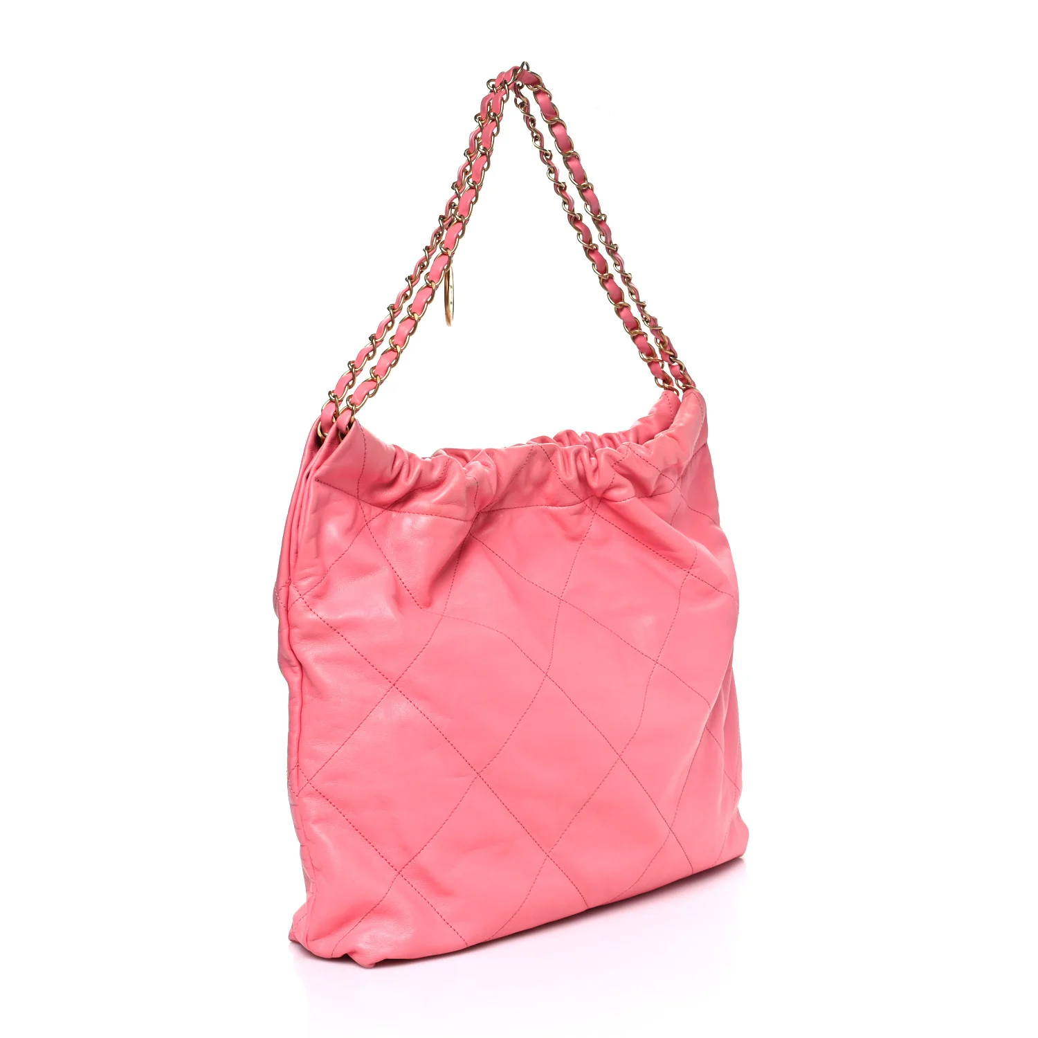 Shiny Calfskin Quilted Chanel 22 Drawstring Bag Coral Pink