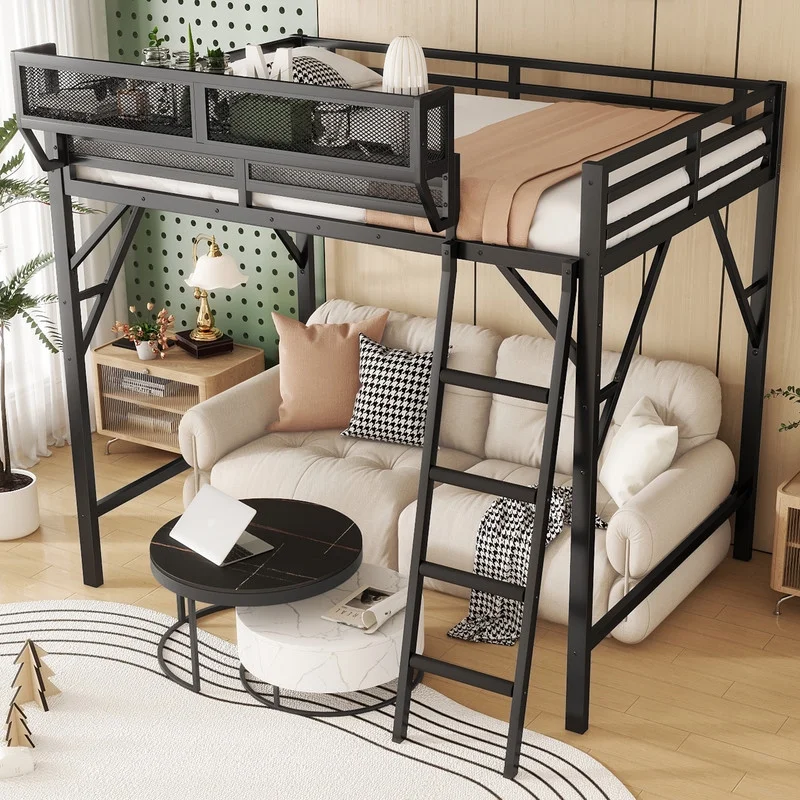 Duxelifin Queen Size Metal Loft Bed Frame, Heavy Duty Steel High Loft Bed with Storage Shelves & Ladder, Space - Saving Loft Bed for Apartments, Adults, Teens & Juniors (Black)