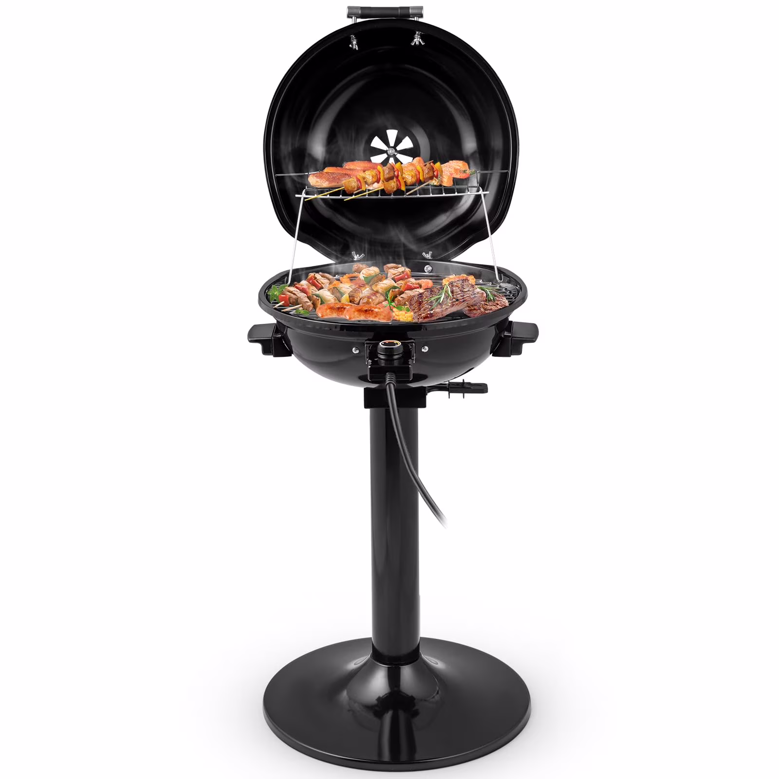 1600W Electric Grill Outdoor, 15-Serving Freestanding Camping Grill with Warming Rack, Removable Oil Drip Tray, Adjustable Temperature Control, Portable BBQ Grill for Patio, Backyard (Black)