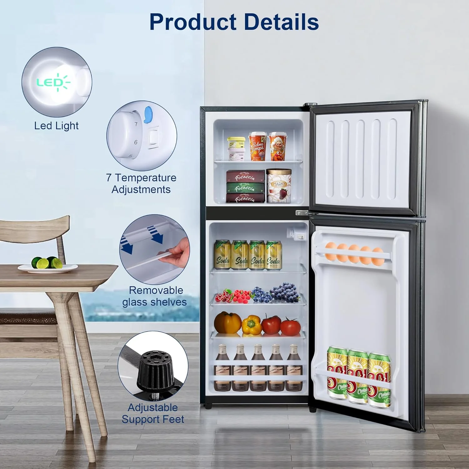 GGTB 4.8 Cu. Ft. Apartment Refrigerator with Freezer, Dorm Fridge with Adjustable Thermostat & Shelves, Mini Refrigerator Freezer for RV, Kitchen, Office, College, Black